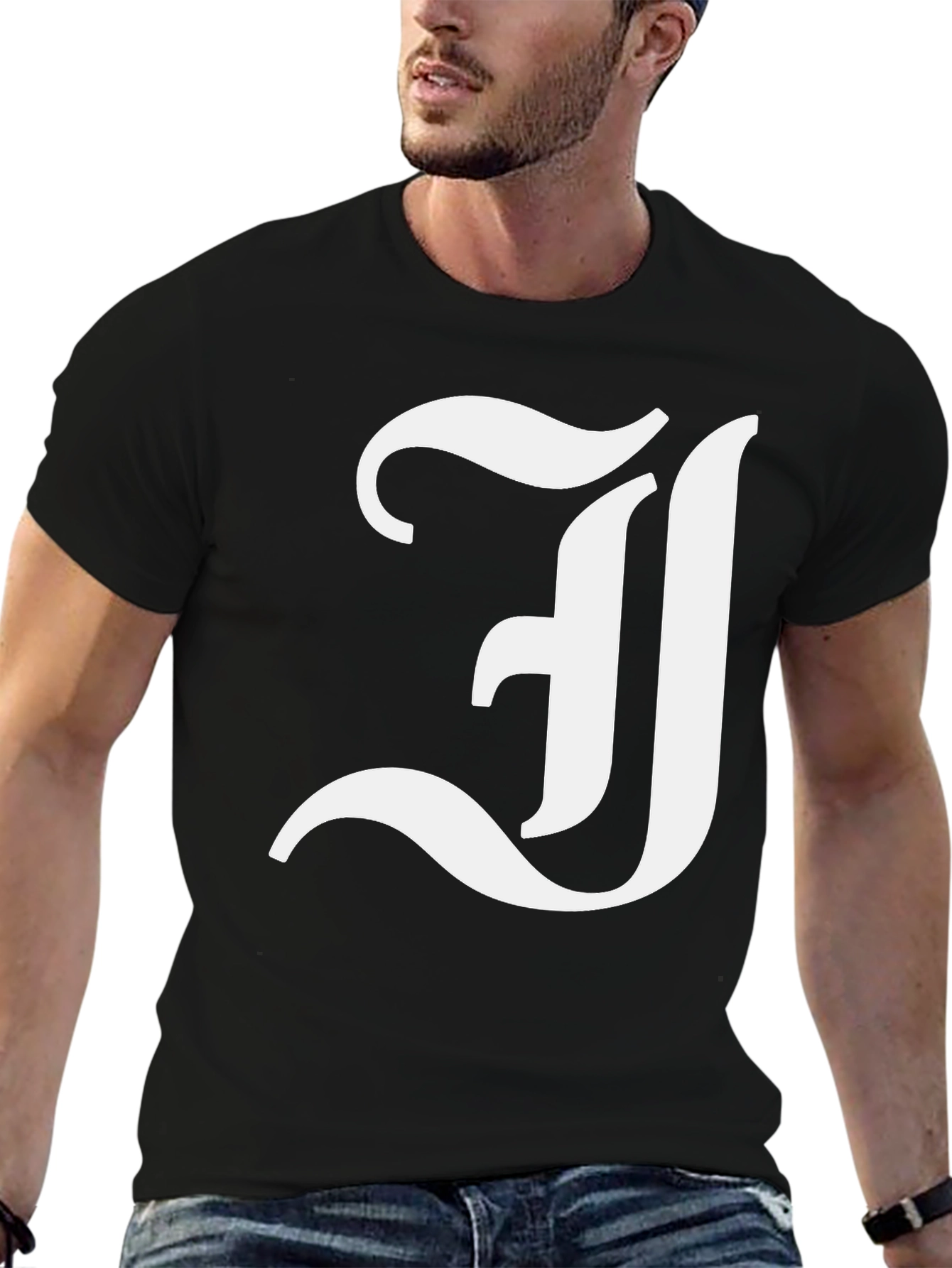 Black Letter J Graphic Tee - Black Cotton Blend Shirt view 6