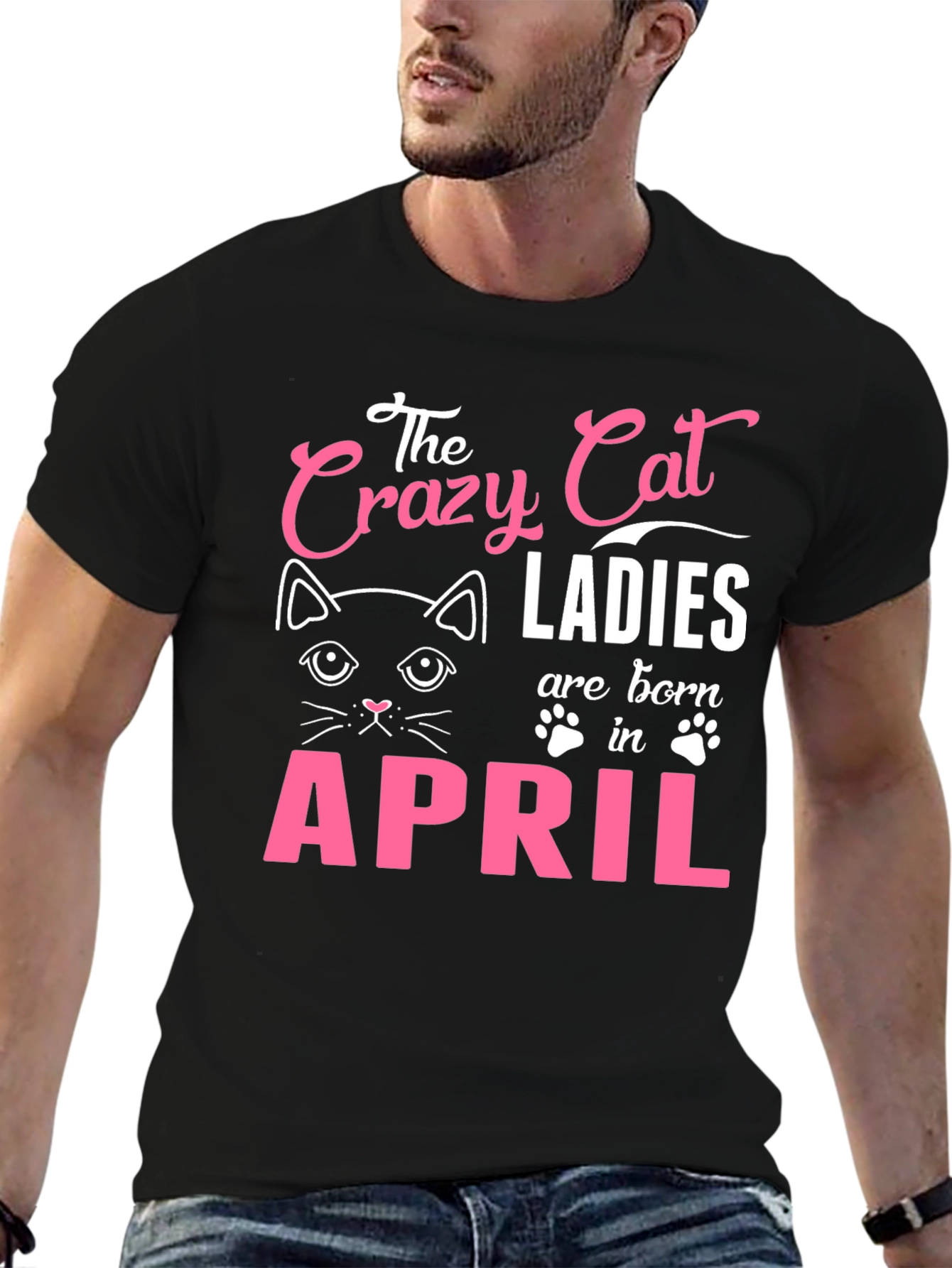 Black Crazy Cat Ladies Born in April T-Shirt view 6