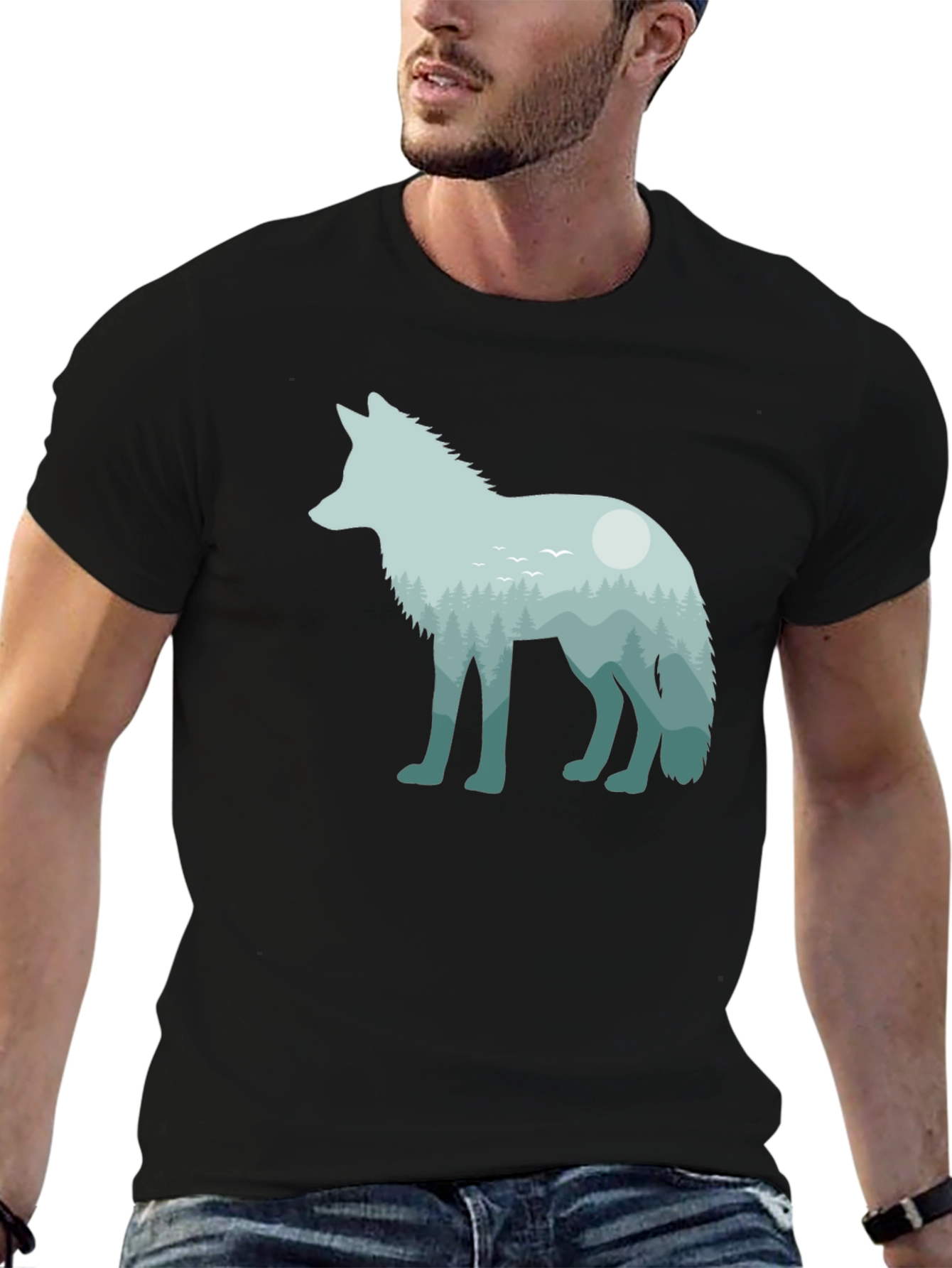 Black Wolf Nature Scene Graphic Tee - Unisex Black T-Shirt view 6