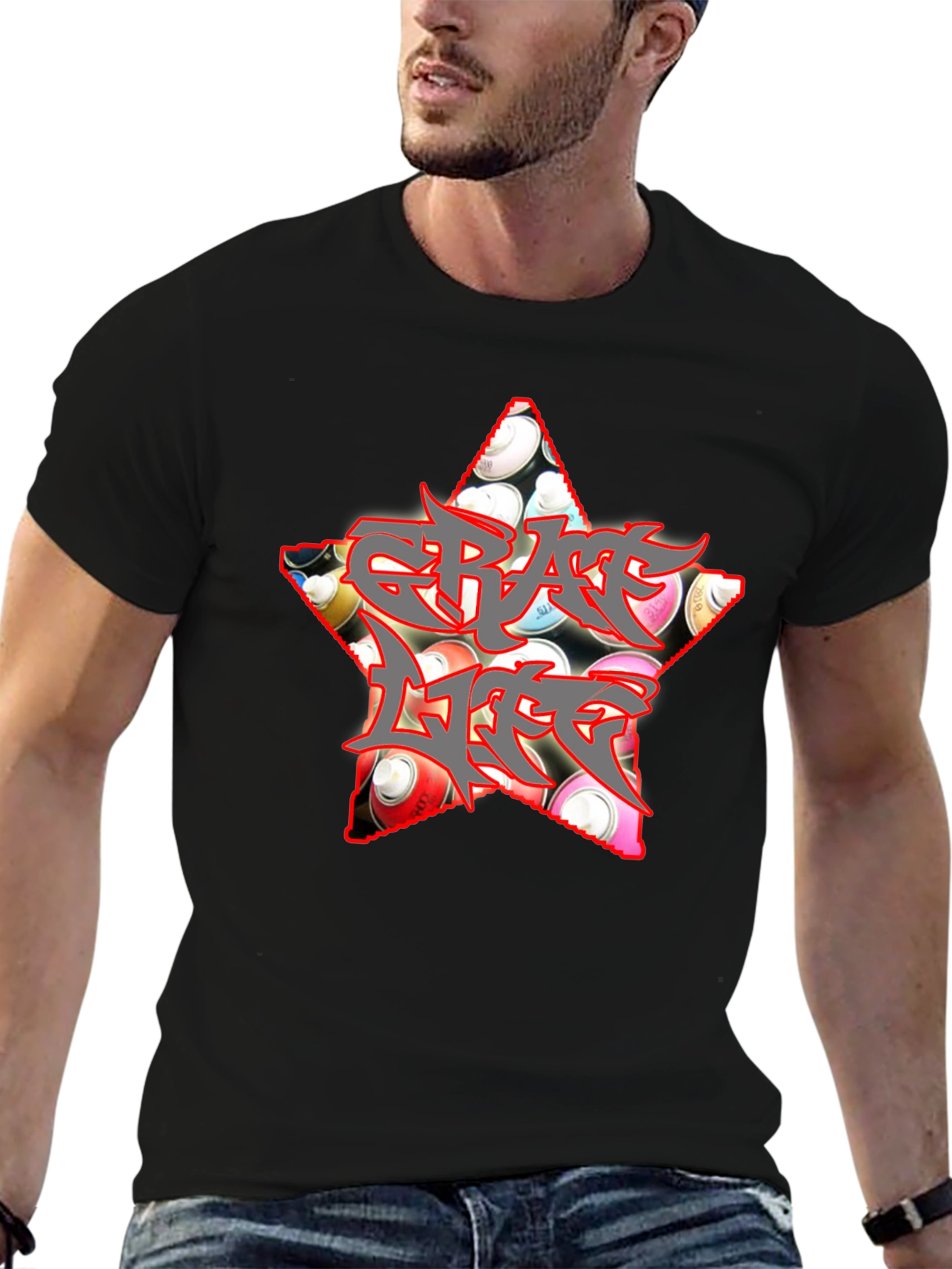 Black Graffiti Life Star T-Shirt - Unique Graphic Tee view 6