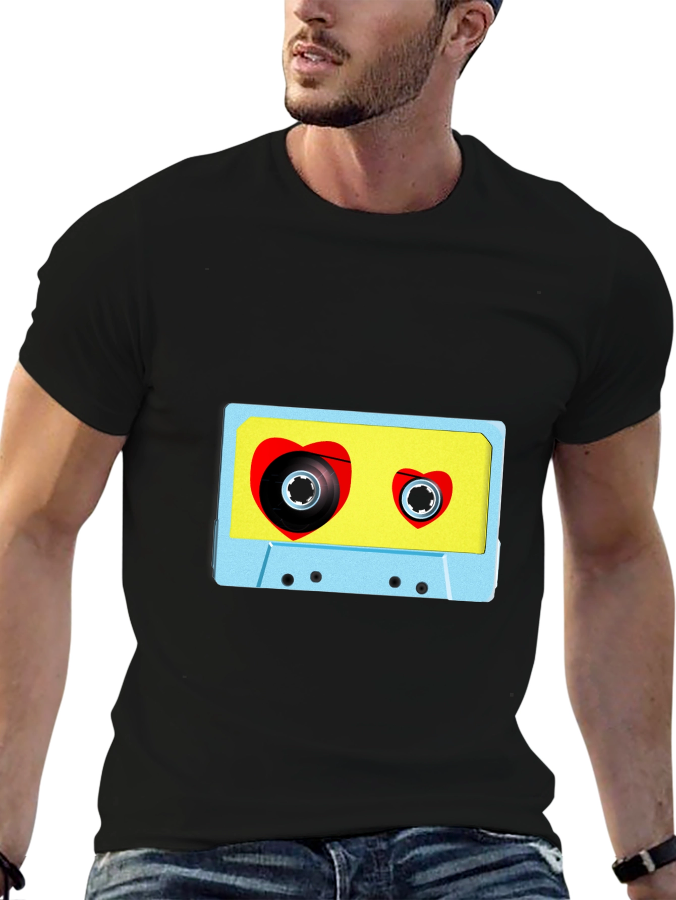 Black Retro Love Tape T-Shirt - Vintage Heart Cassette Tee view 6