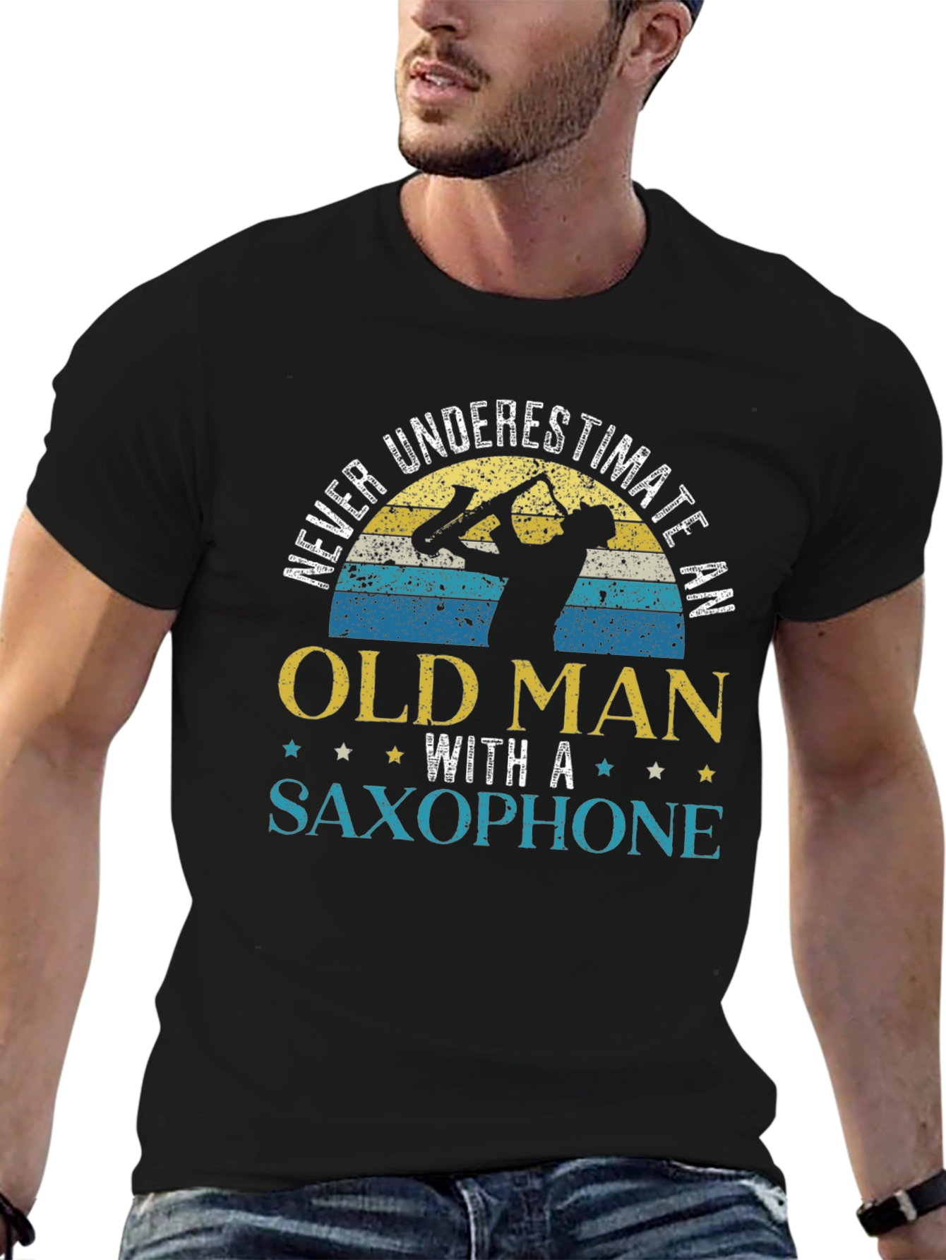 Black Never Underestimate Old Man Saxophone T-Shirt view 6