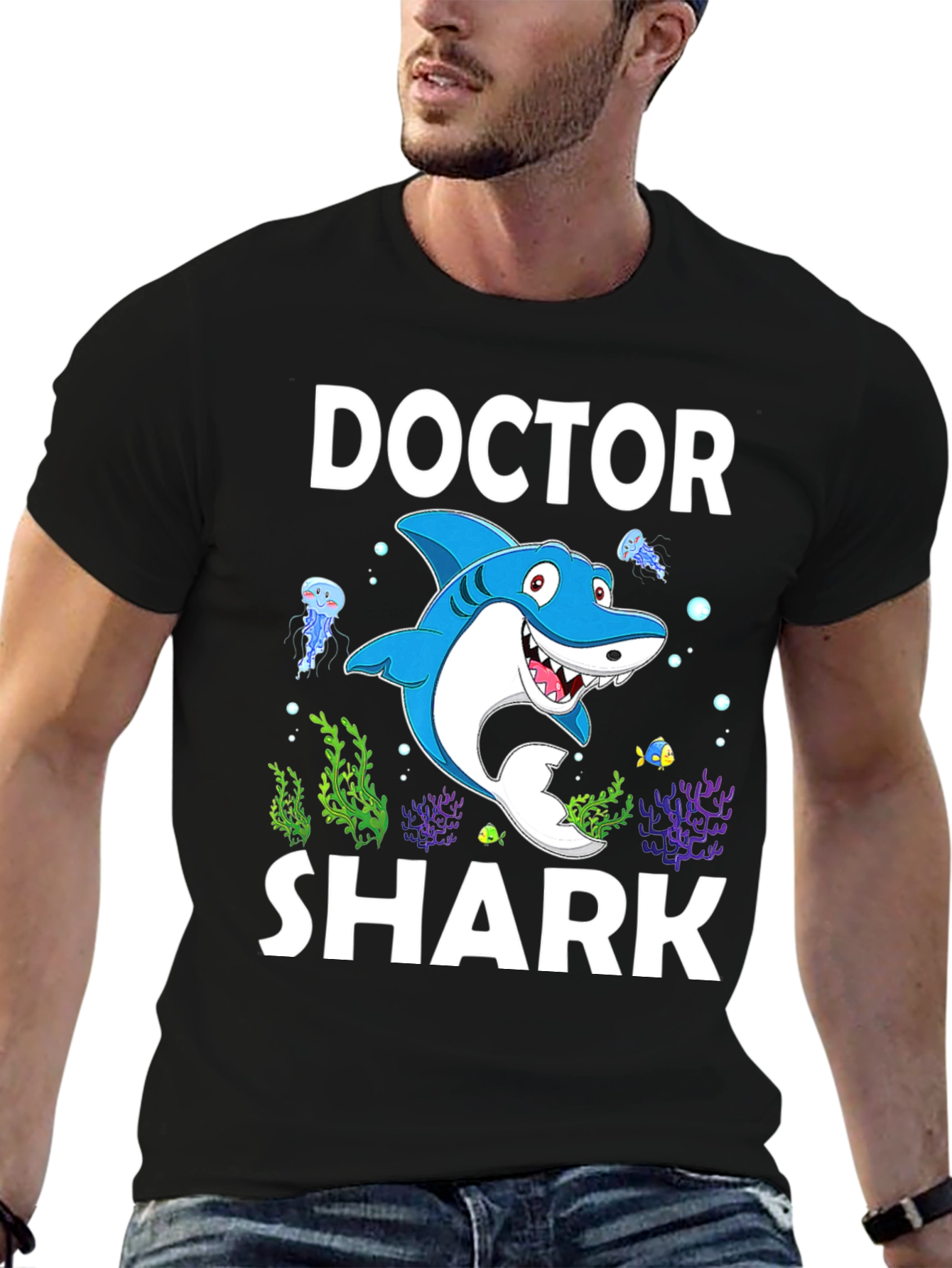 Black Doctor Shark Graphic Tee - Funny Cartoon Shirt view 6