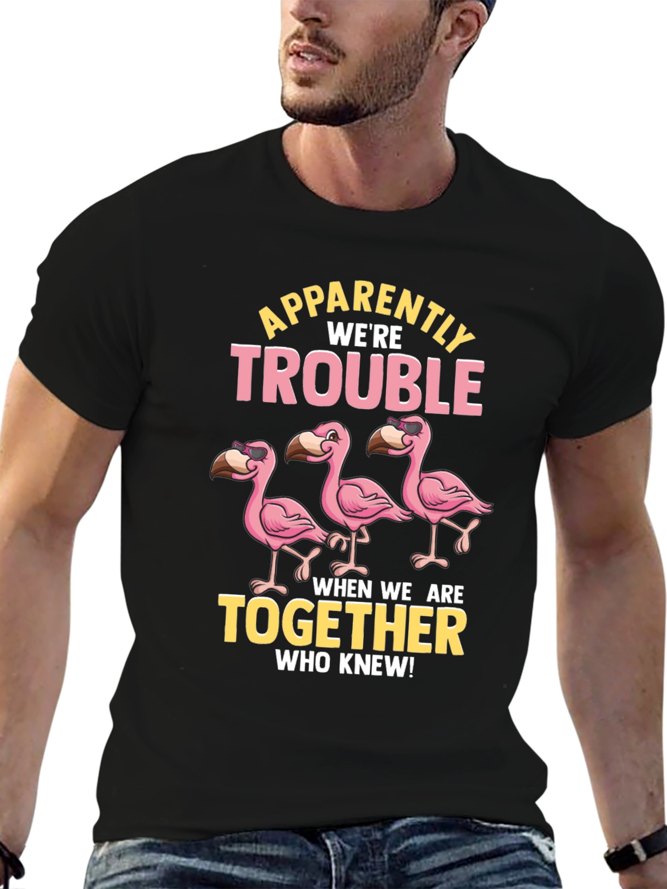 Black Funny Flamingo Trouble T-Shirt view 6