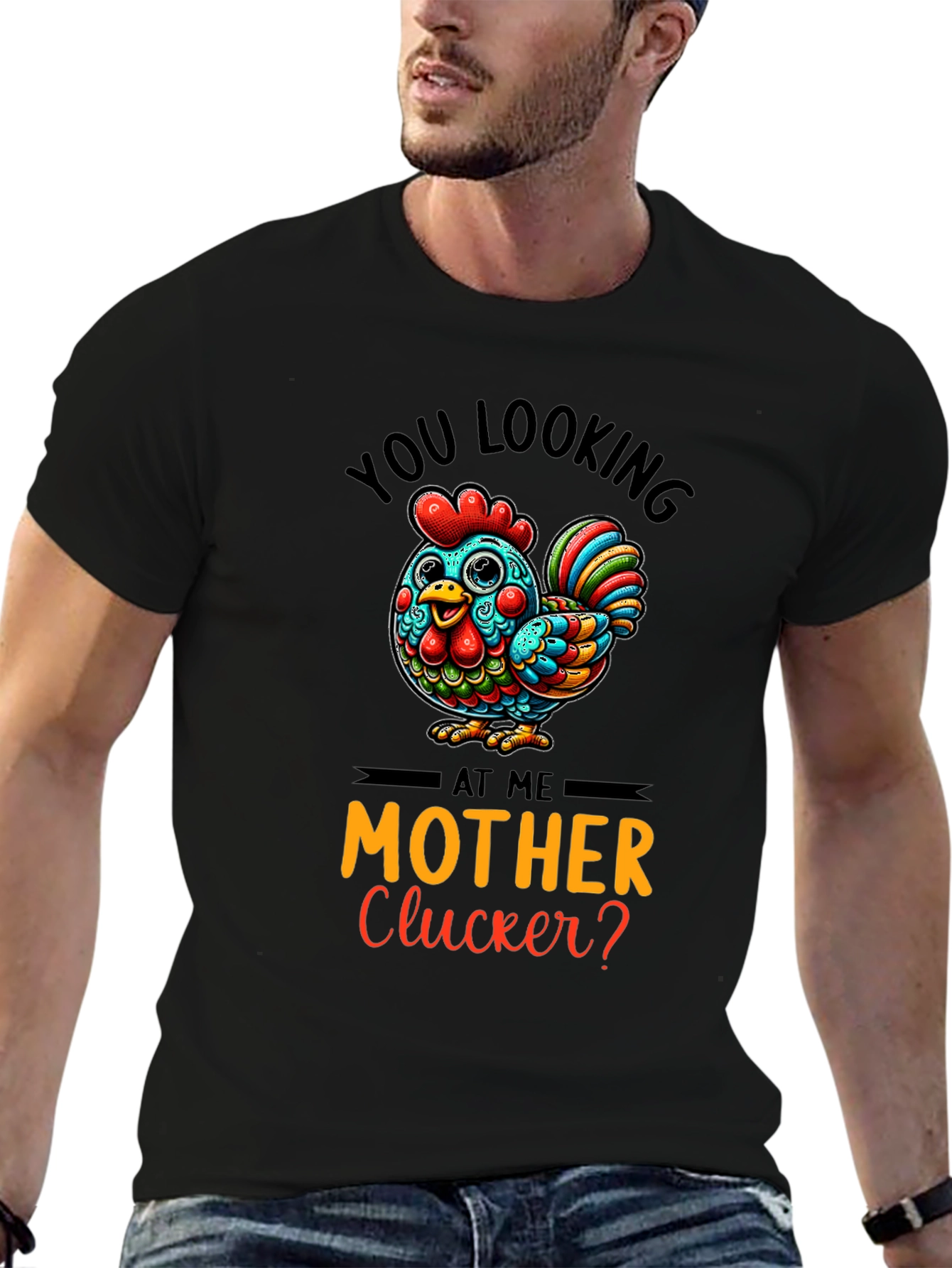 Black Funny Chicken Graphic Tee - You Looking at Me Mother Clucker view 6