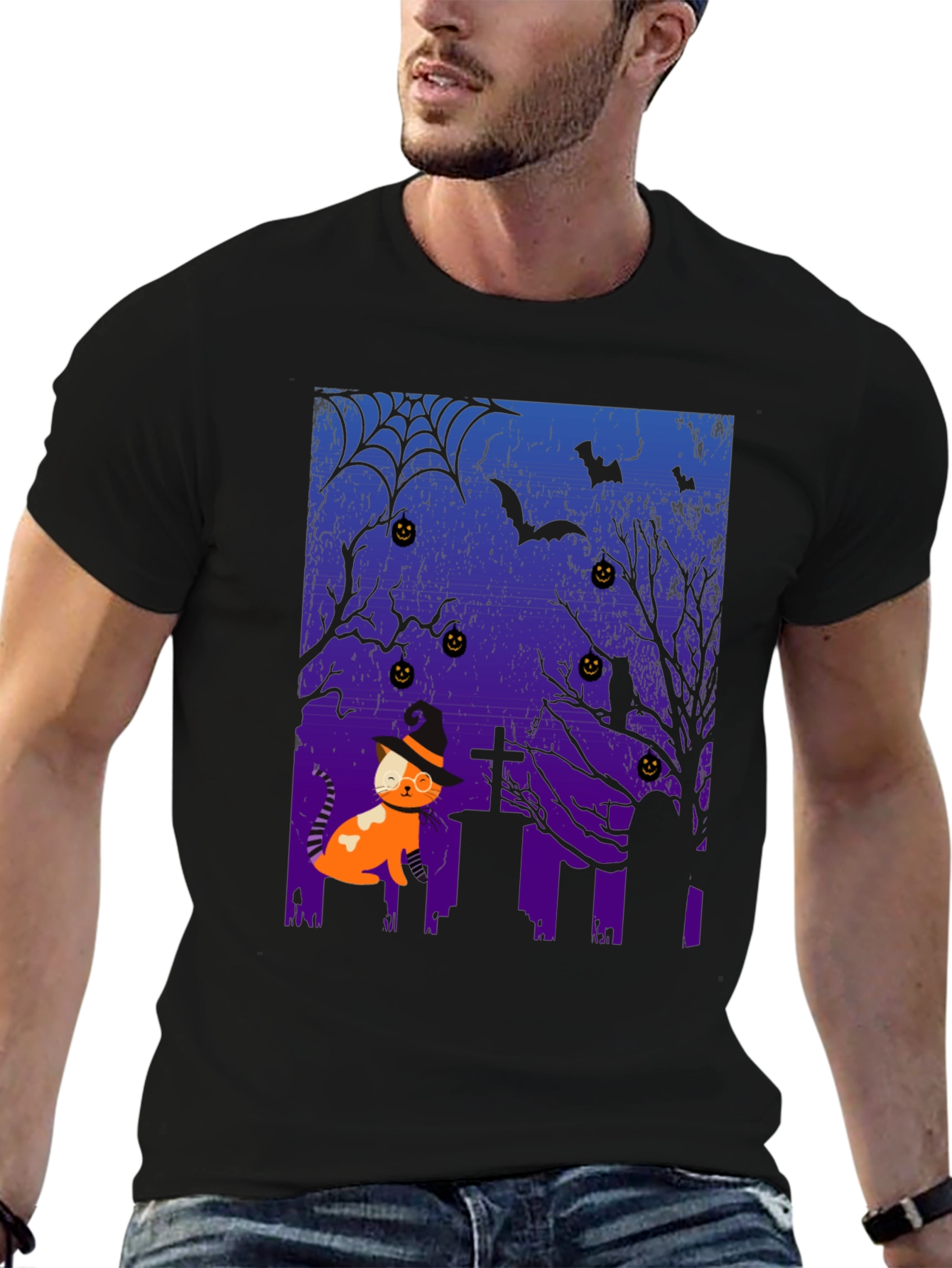 Black Halloween Cat T-Shirt - Spooky Graveyard Design view 6