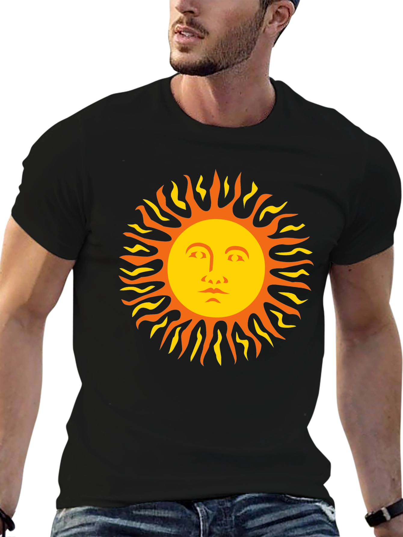 Black Sun Face Graphic Tee - Black Cotton T-Shirt view 6