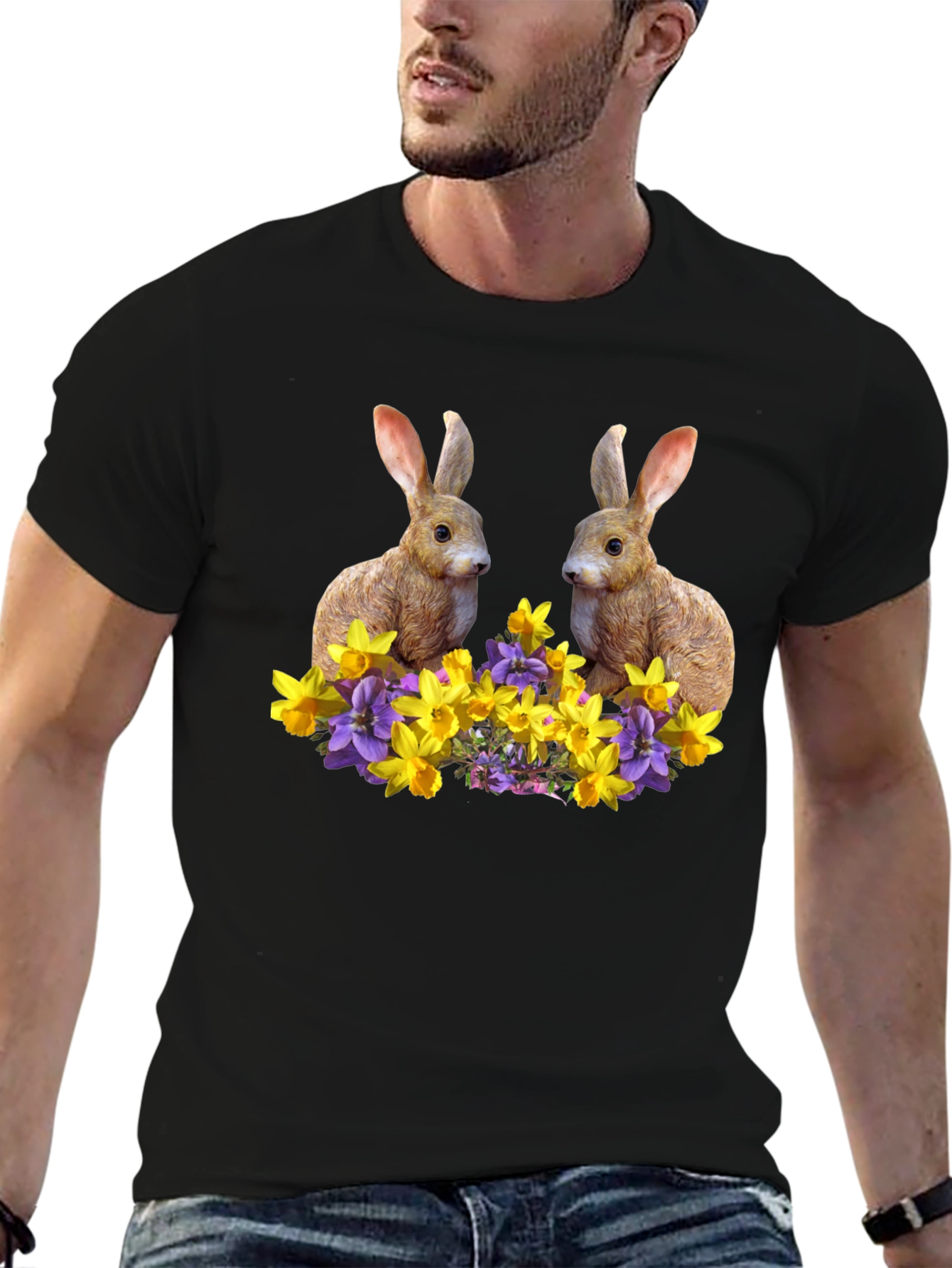Black Bunny & Floral Print Black T-Shirt view 6