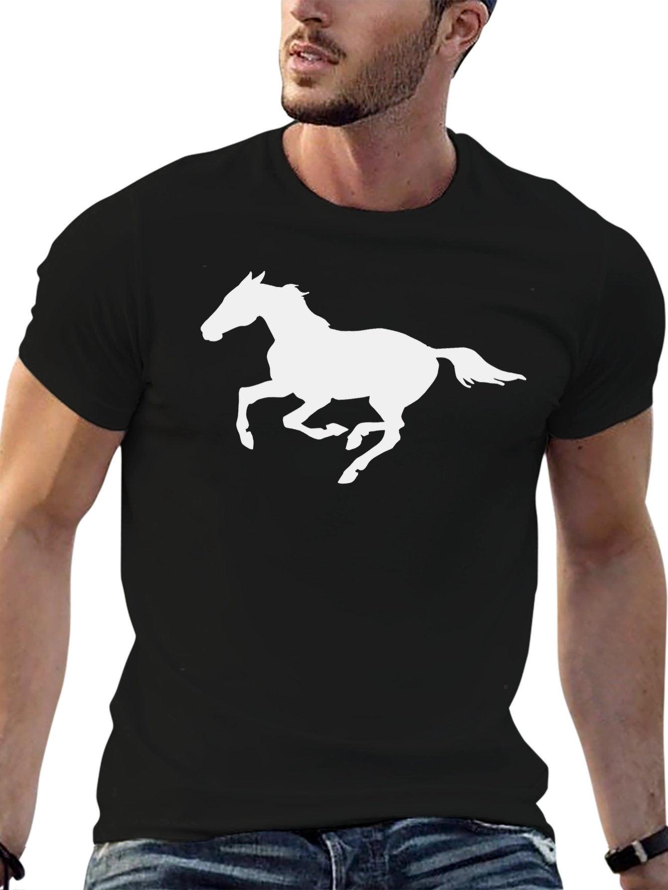 Black Black T-Shirt with White Horse Graphic view 6