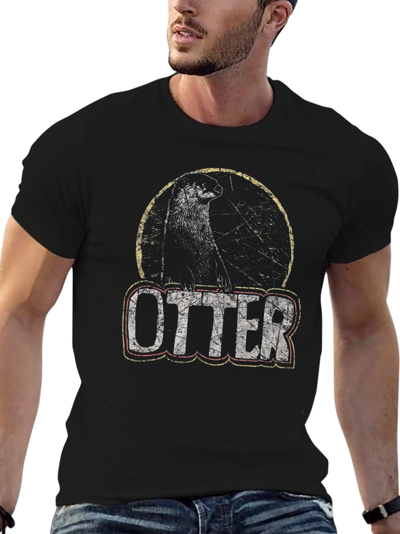 Black Vintage Otter Graphic T-Shirt - Distressed Design view 6