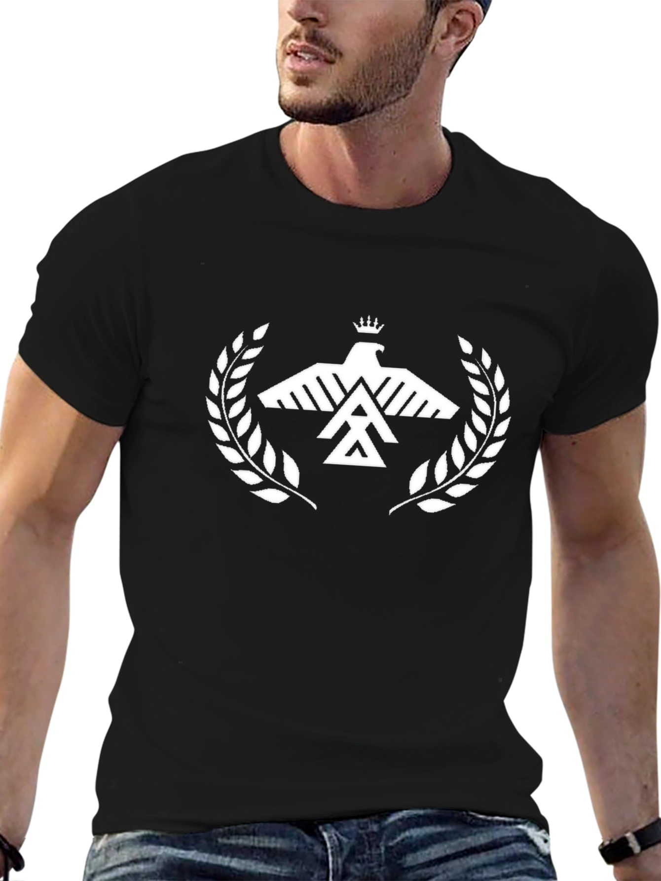 Black Black T-Shirt with White Eagle Crown Design view 6