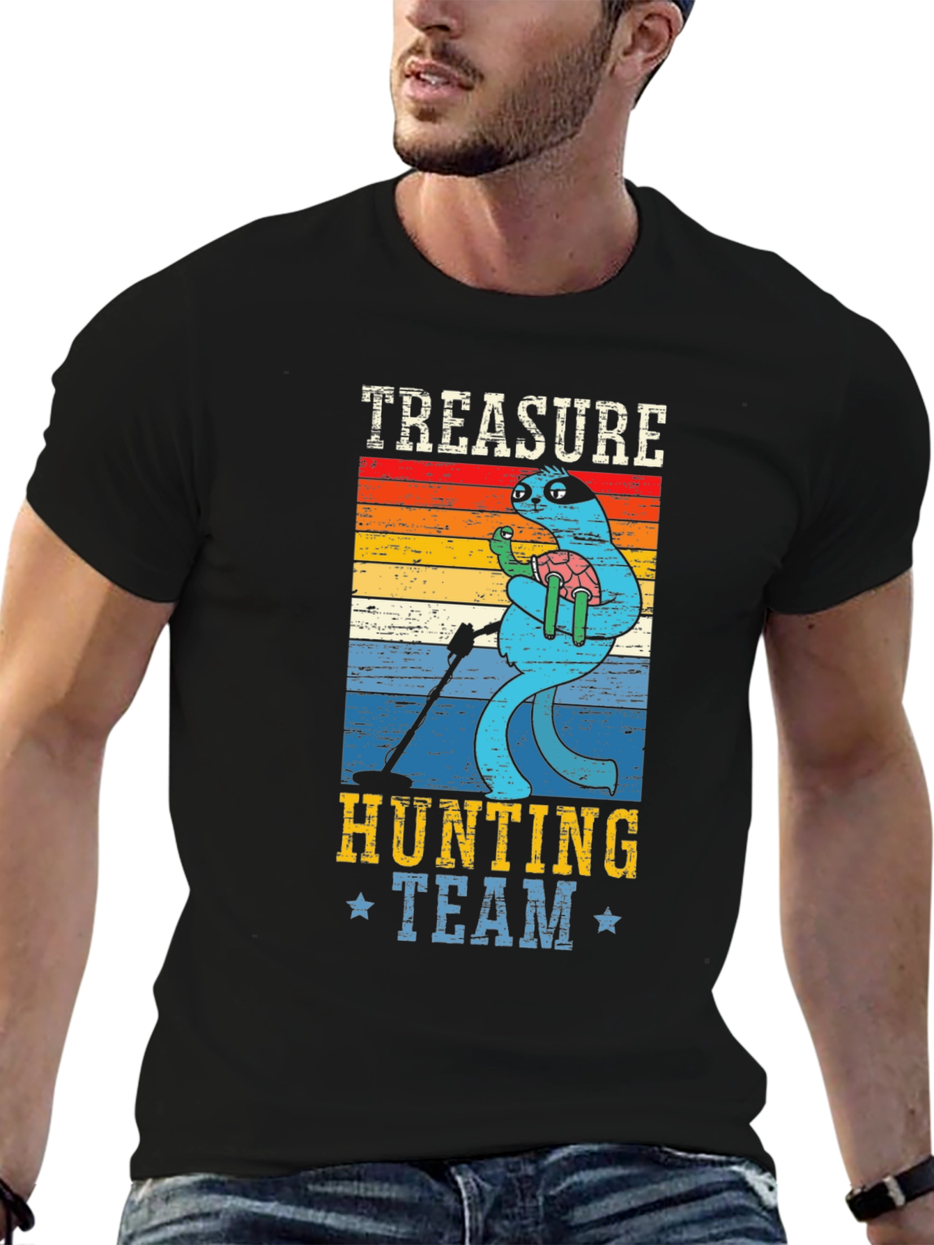 Black Treasure Hunting Team Sloth Graphic T-Shirt view 6