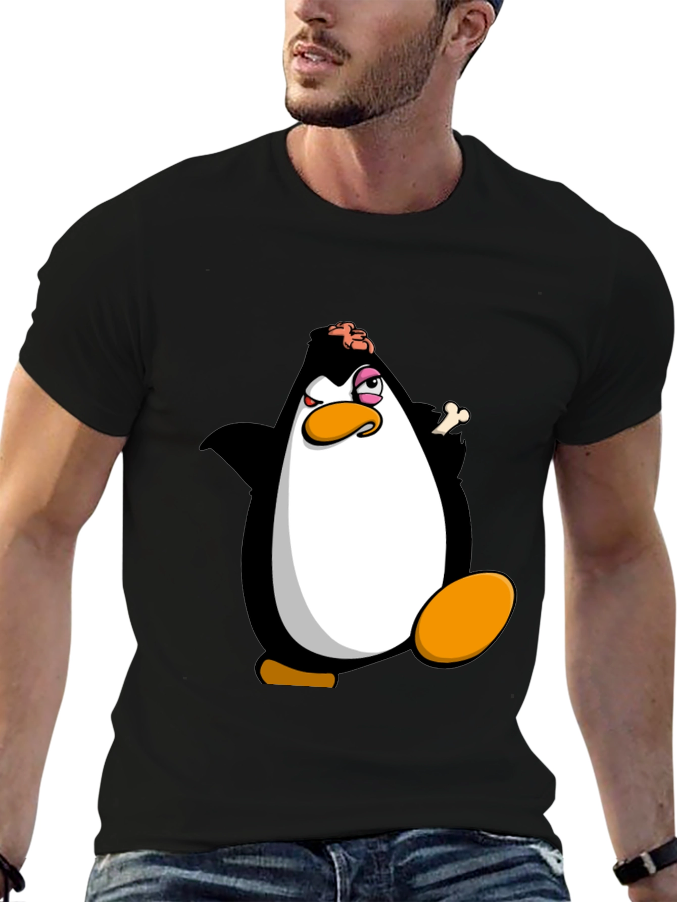 Black Funny Penguin Cartoon Graphic Print Black T-Shirt view 6