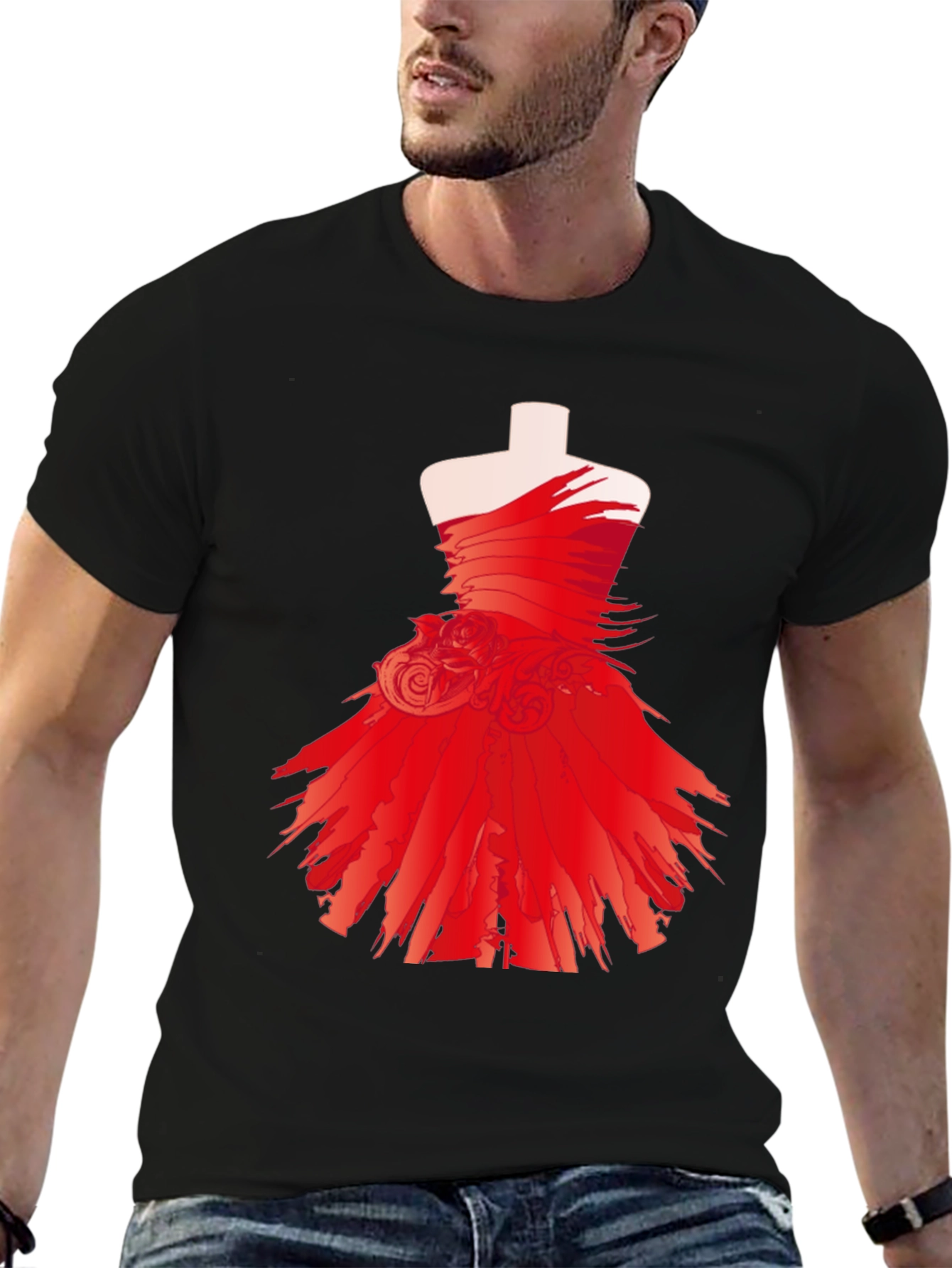 Black Statement Black Tee with Red Dress Design view 6