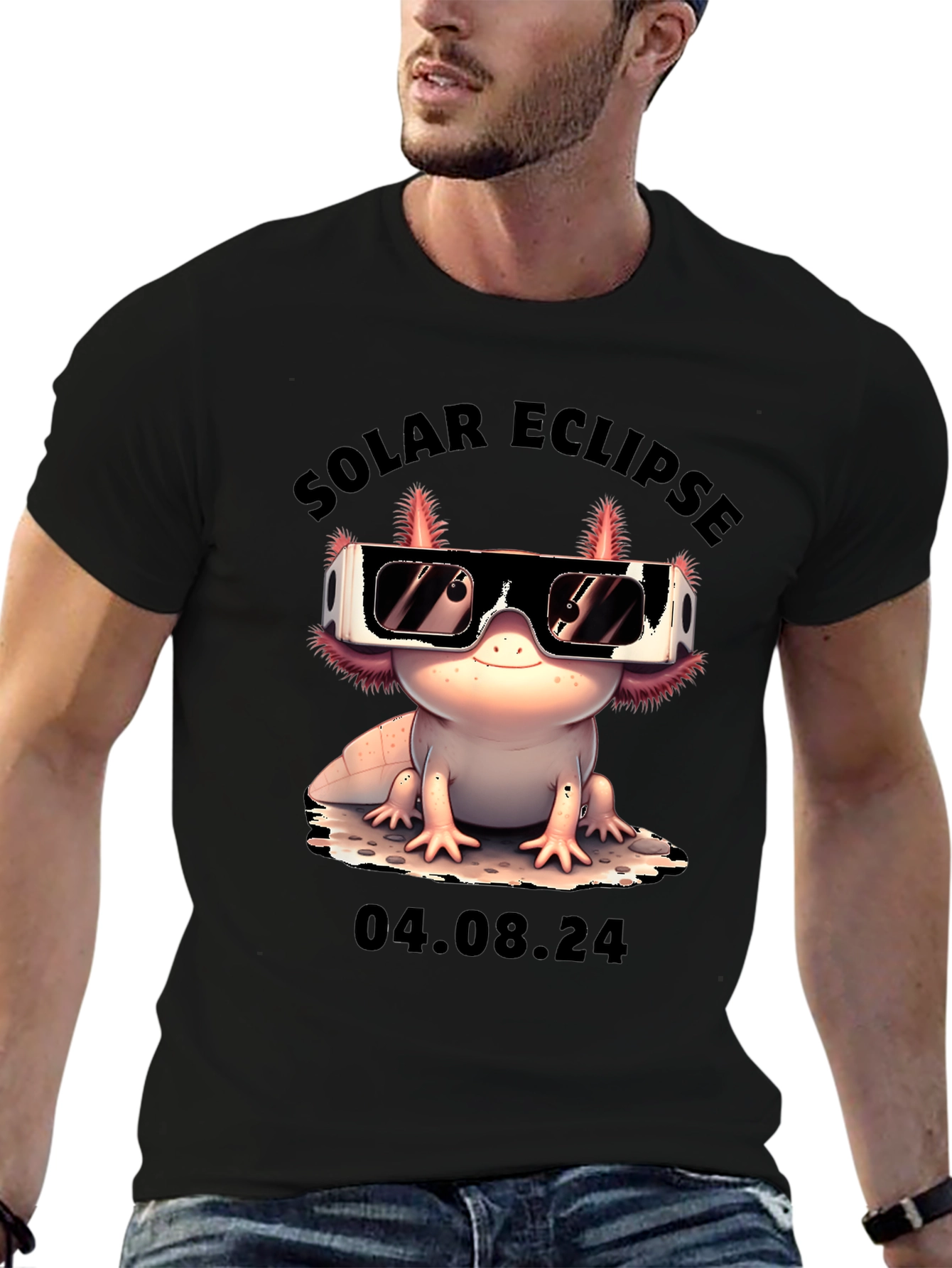 Black Solar Eclipse Axolotl T-Shirt - August 4, 2024 view 6