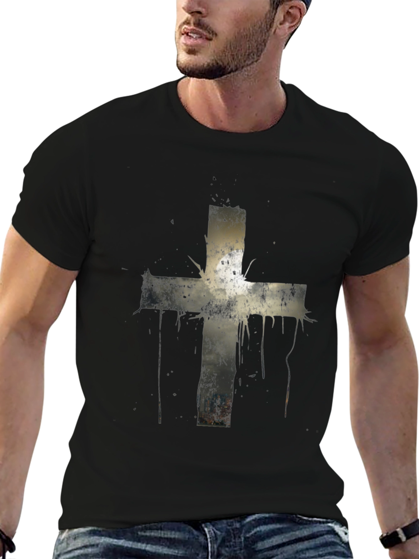 Black Grunge Cross Graphic Print Tee - Black view 6