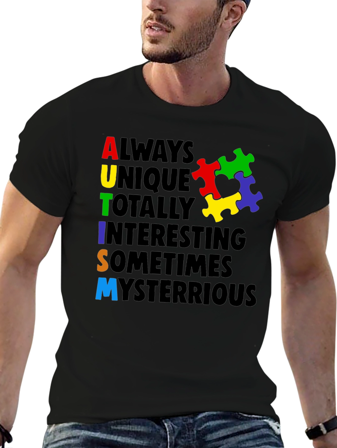 Black Autism Awareness T-Shirt - Colorful Puzzle Design view 6