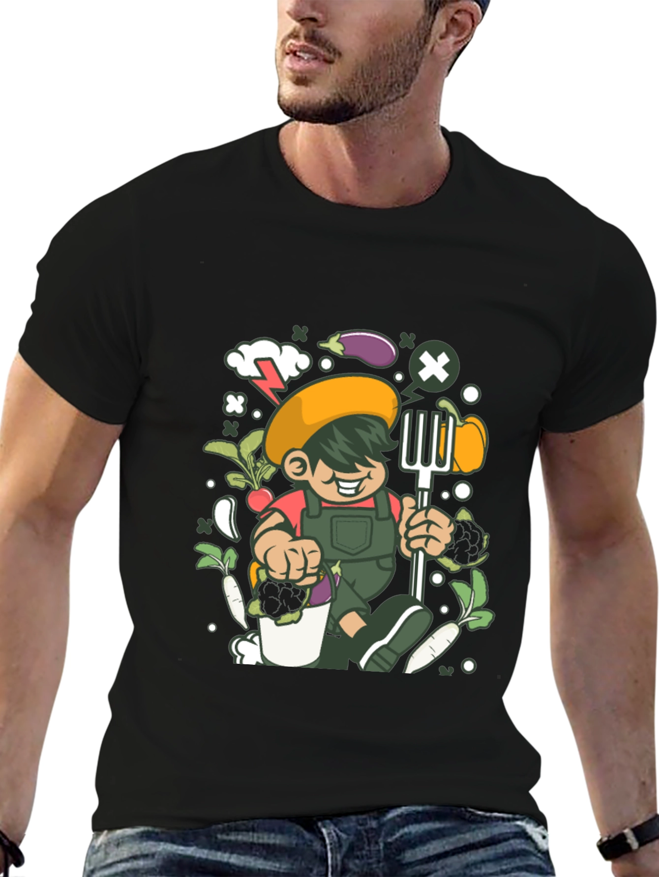 Black Gardener Cartoon T-Shirt, Black Unisex Tee view 6