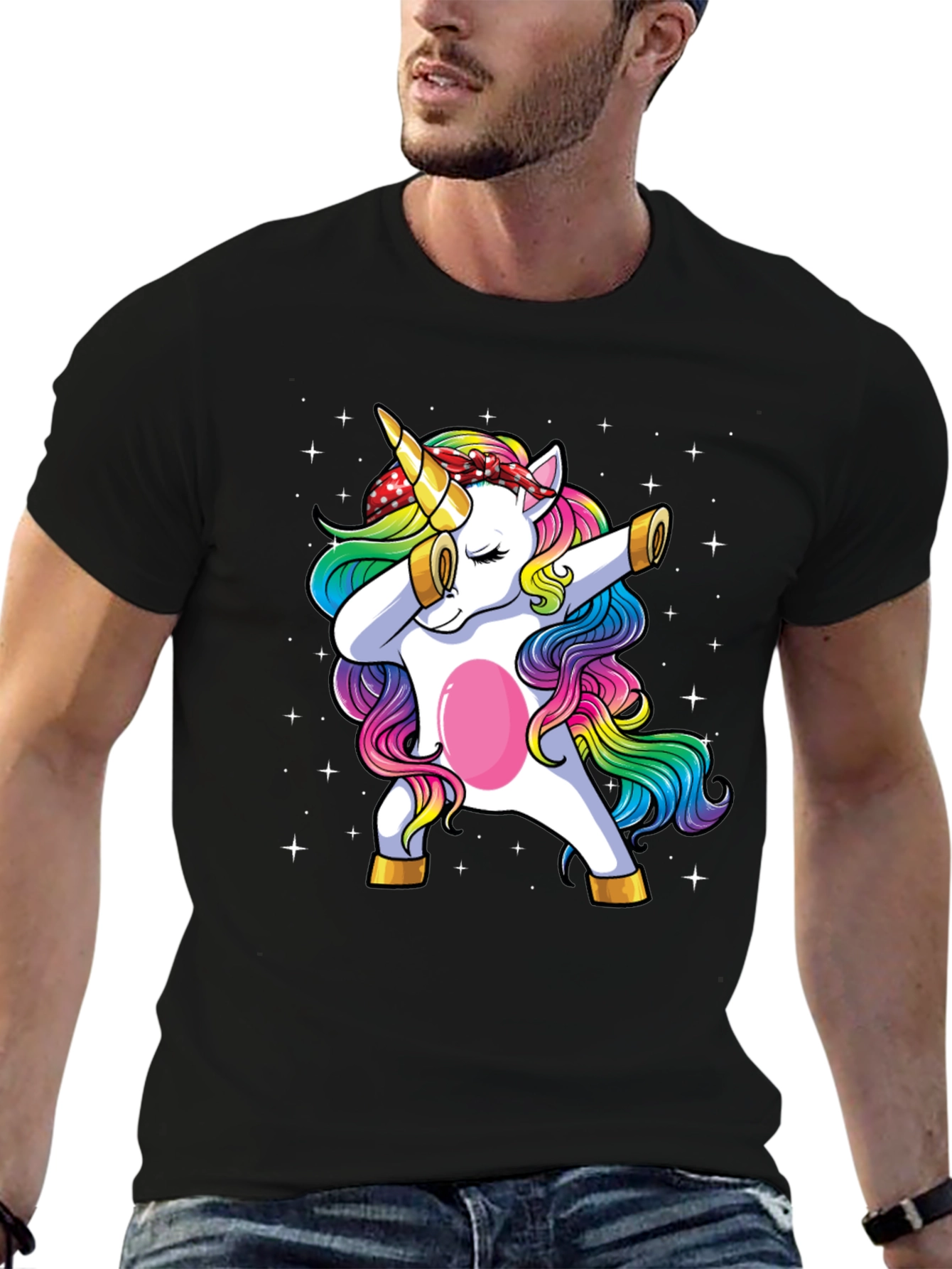 Black Dabbing Unicorn Graphic Tee - Men's Black T-Shirt view 6