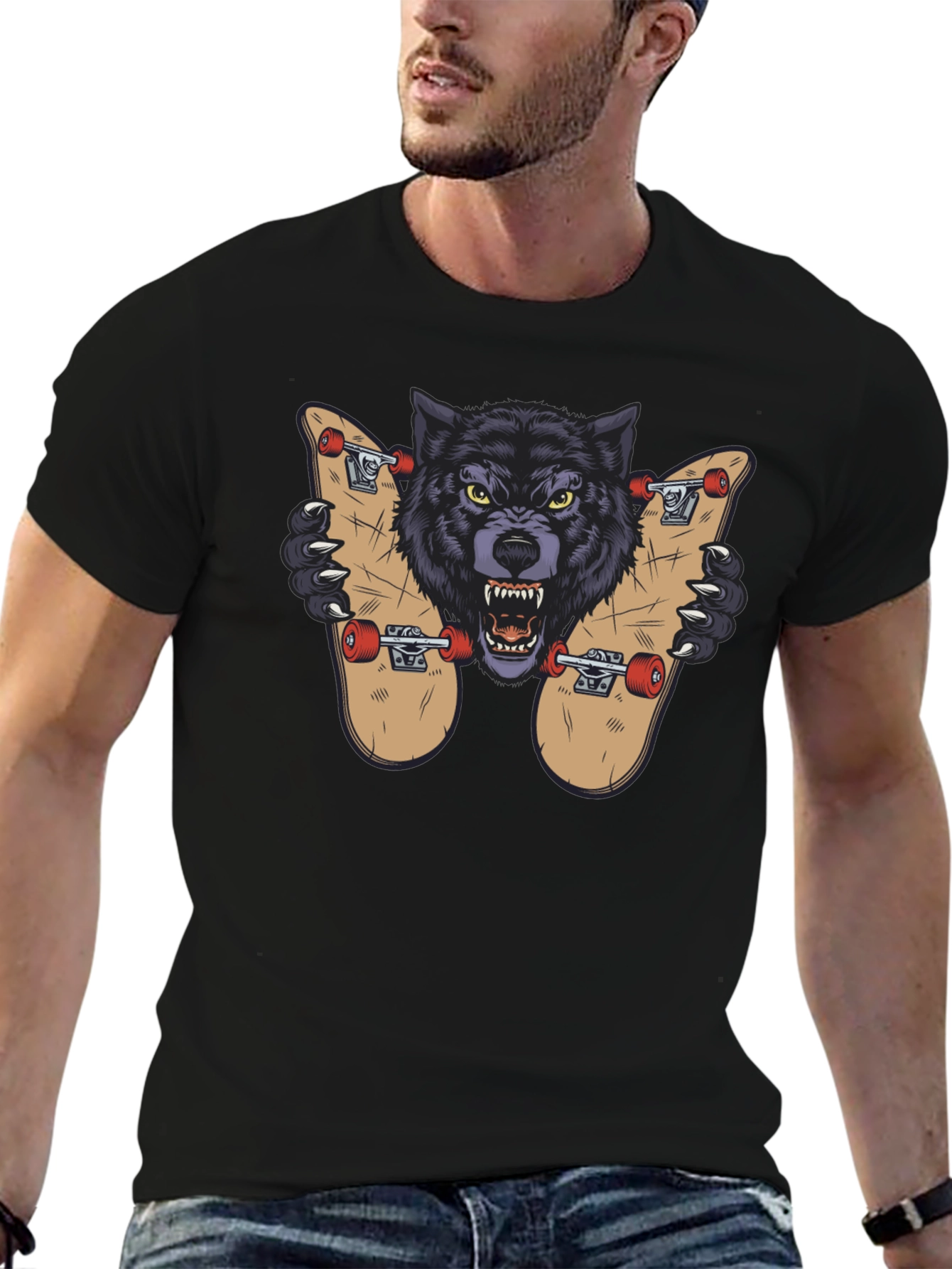 Black Wolf Skateboard Graphic Tee - Cool Streetwear Design view 6