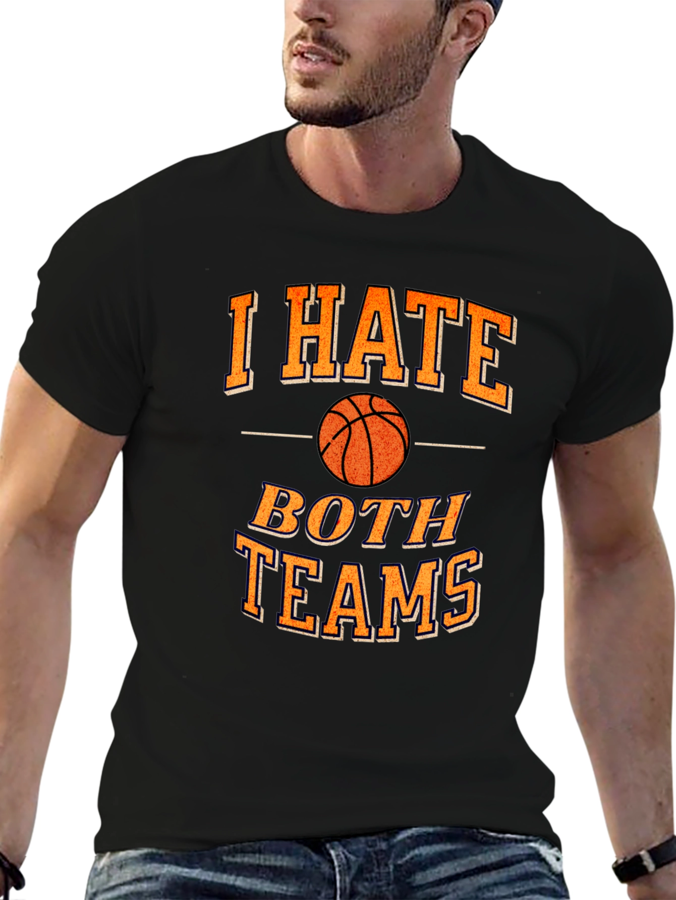 Black Funny Basketball I Hate Both Teams T-Shirt view 6
