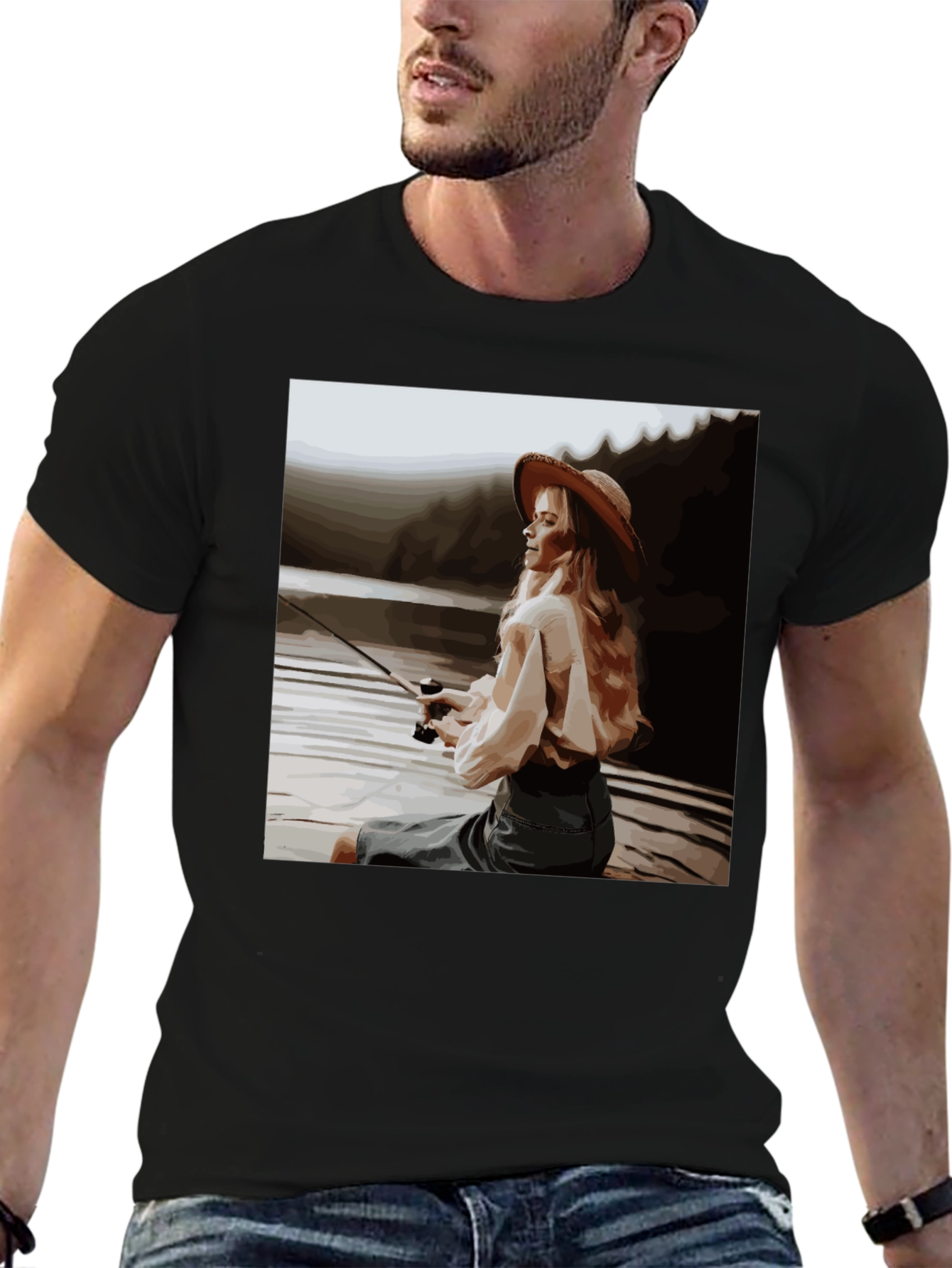 Black Woman Fishing Graphic Tee - Black Cotton T-Shirt view 6