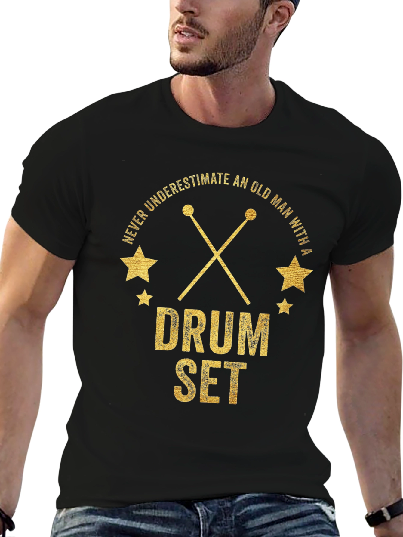 Black Never Underestimate Old Man Drum Set T-Shirt view 6