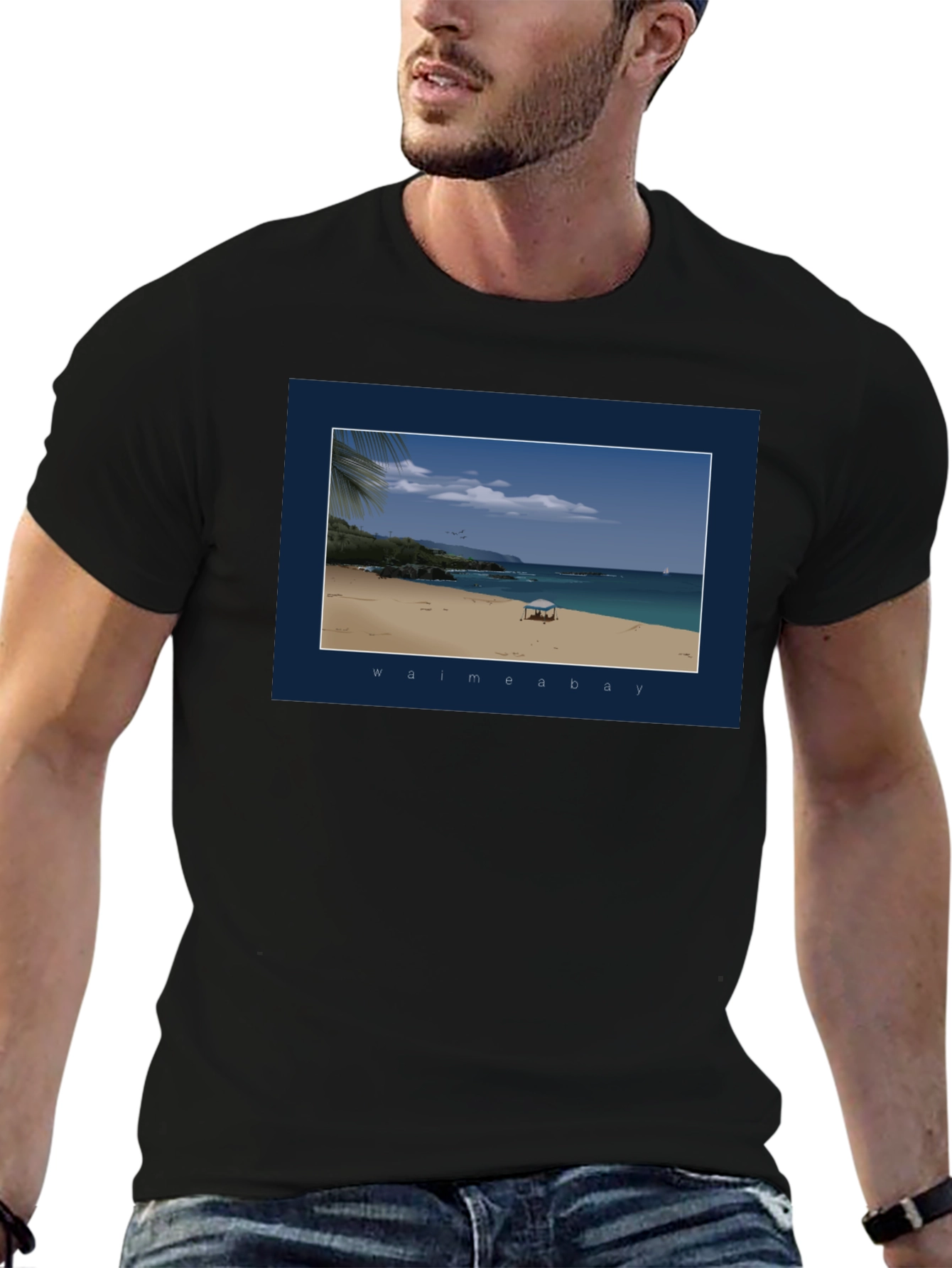 Black Waimea Bay Graphic T-Shirt - Beach Scene Print view 6