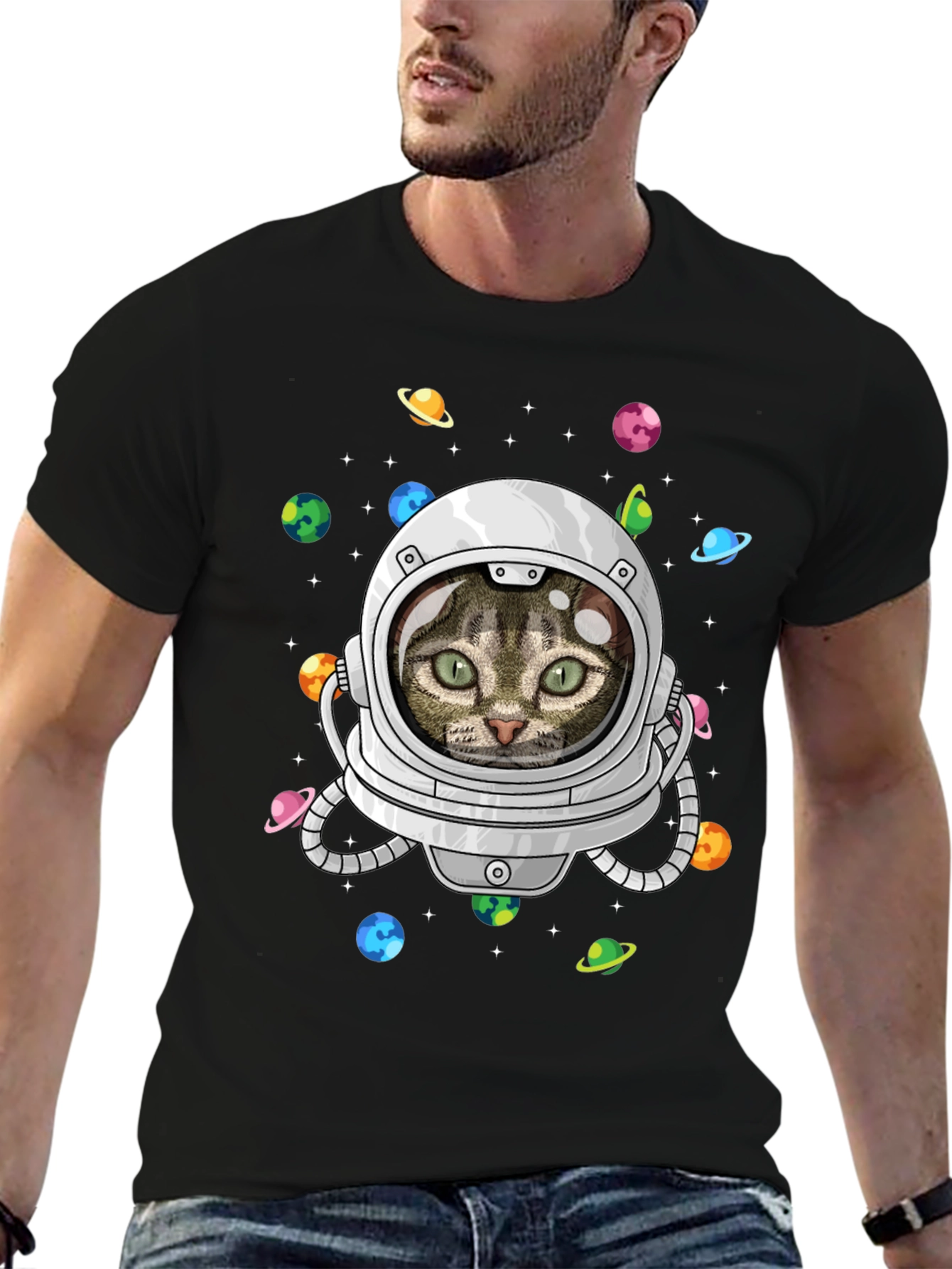Black Astronaut Cat T-Shirt view 6