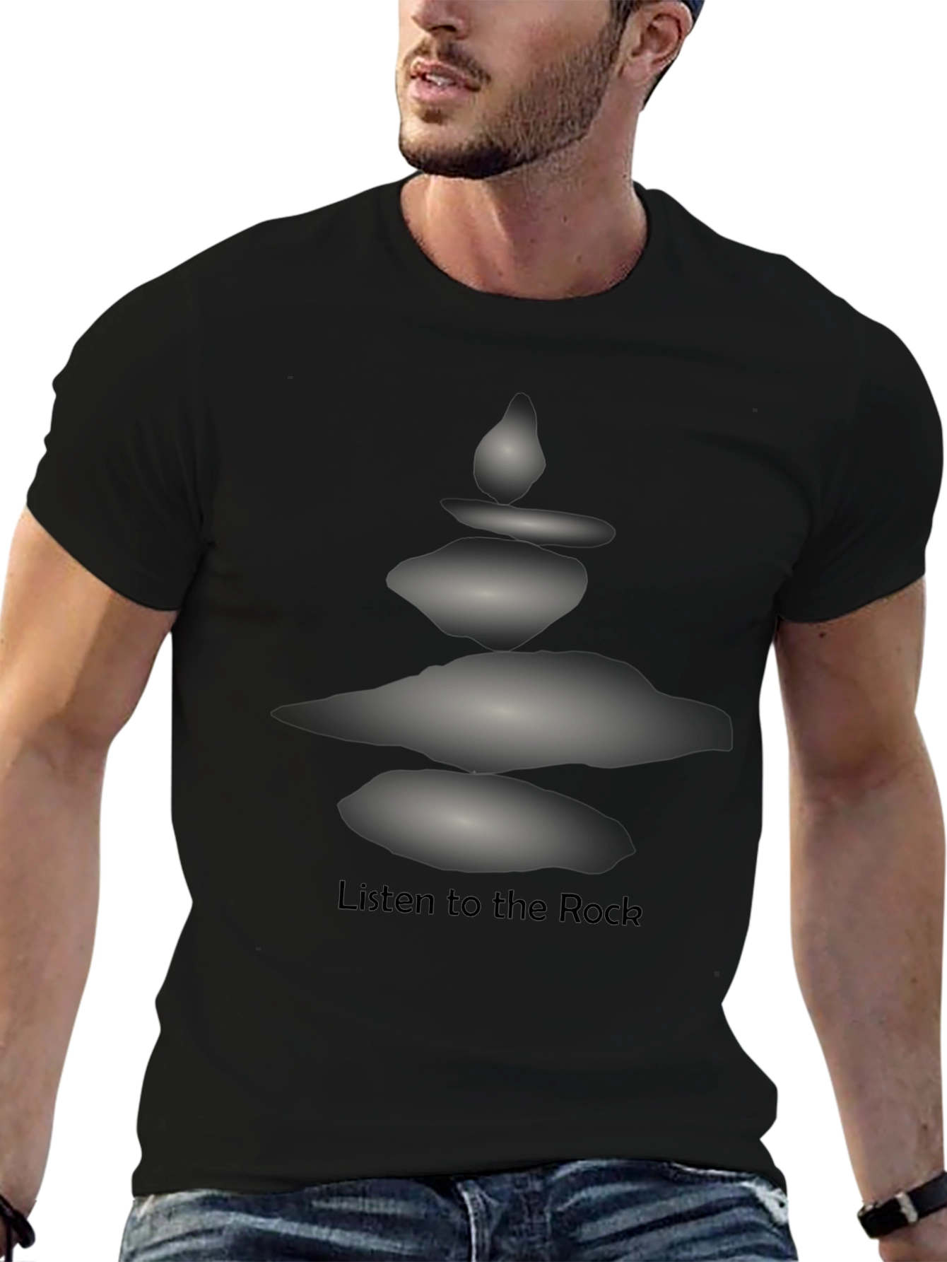 Black Zen Rock Stack T-Shirt - Listen to the Rock view 6