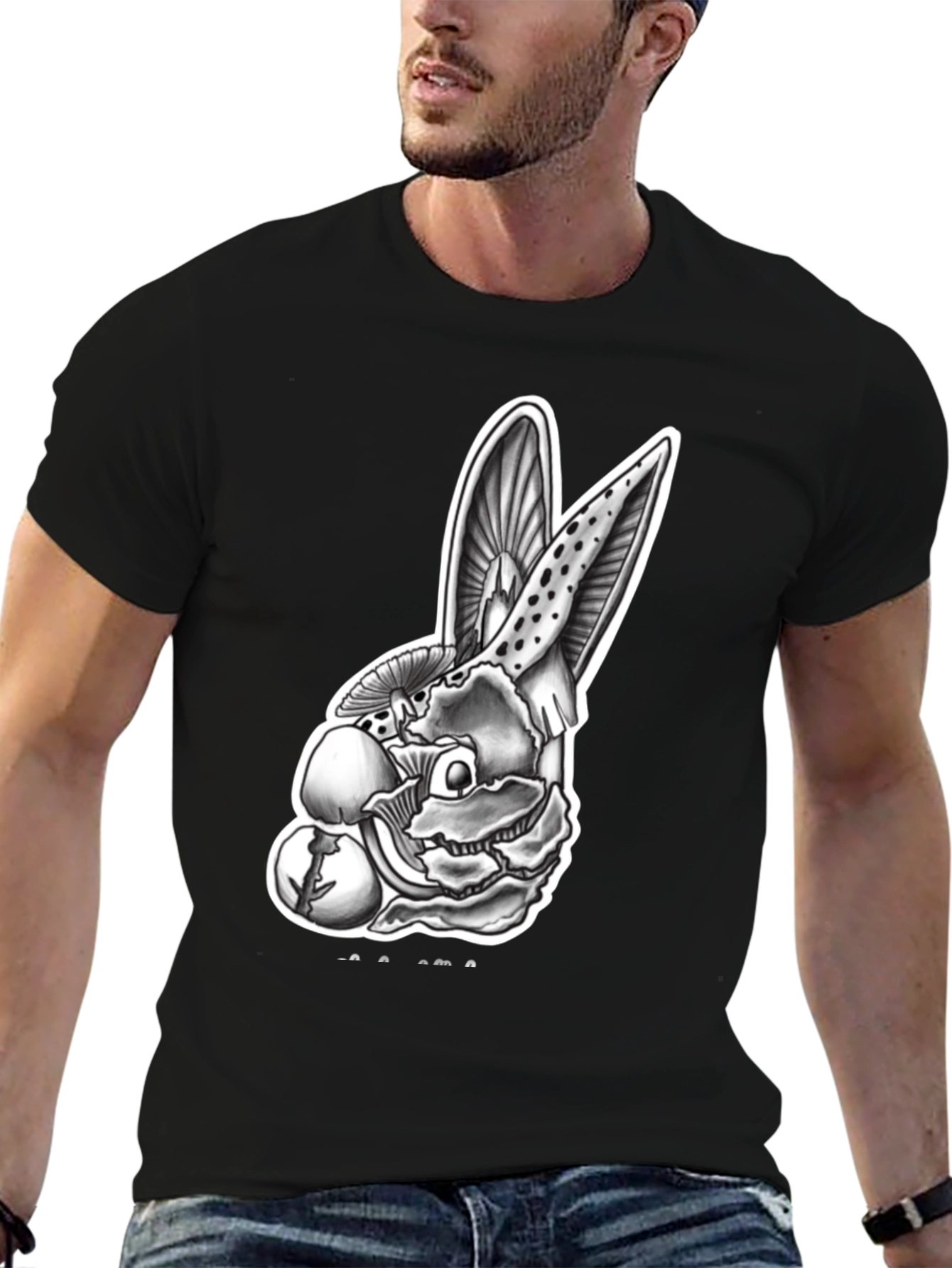 Black Mushroom Rabbit Graphic Tee - Unique Design view 6