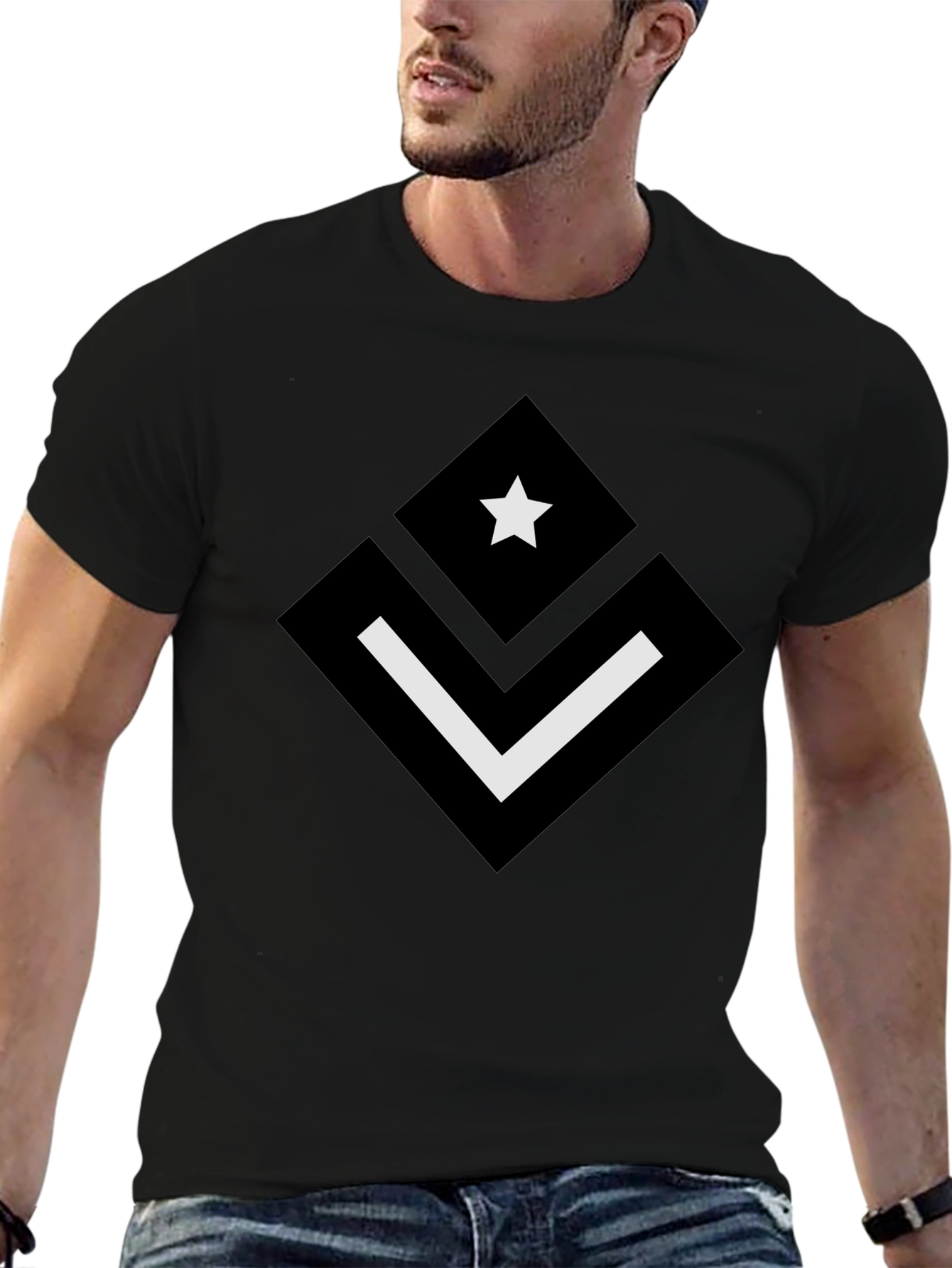 Black Modern Graphic Black T-Shirt - Star & Chevron Design view 6