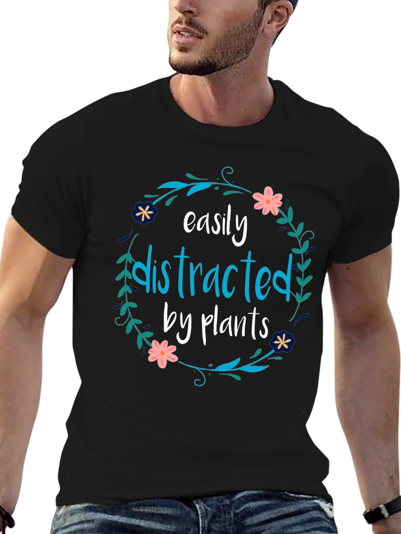 Black Easily Distracted By Plants Black T-Shirt view 6