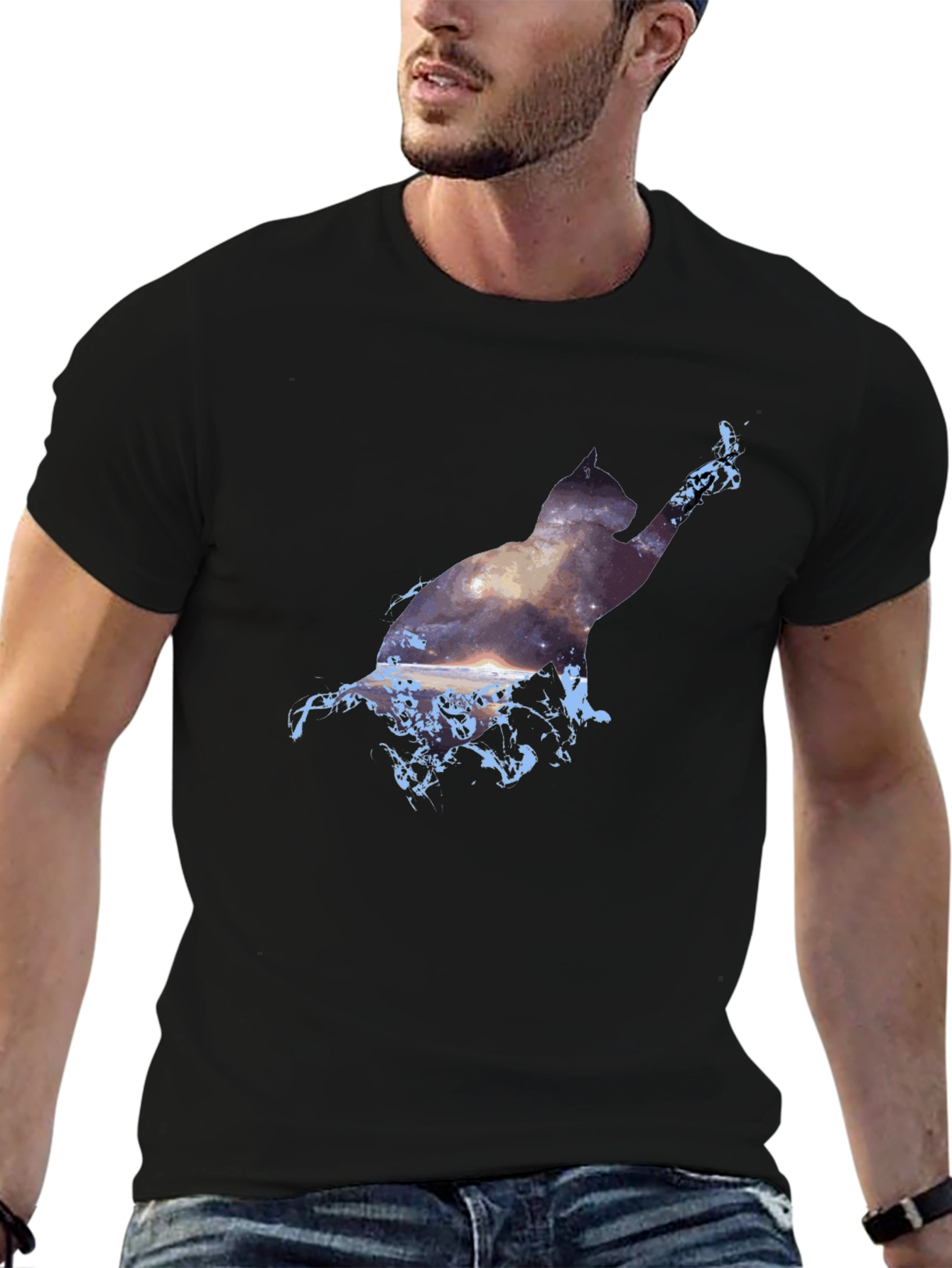 Black Cosmic Cat Black T-Shirt - Galaxy Silhouette view 6