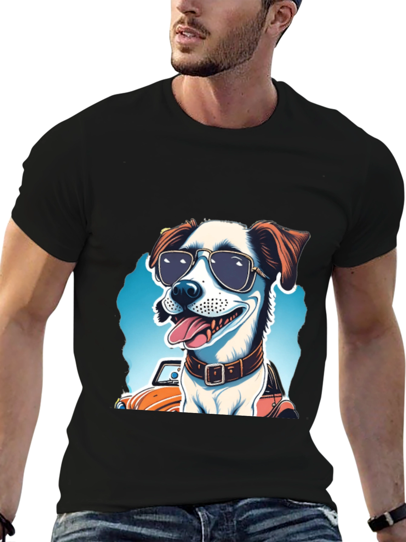Black Cool Dog Tee: Sunglasses Pup Car Ride view 6