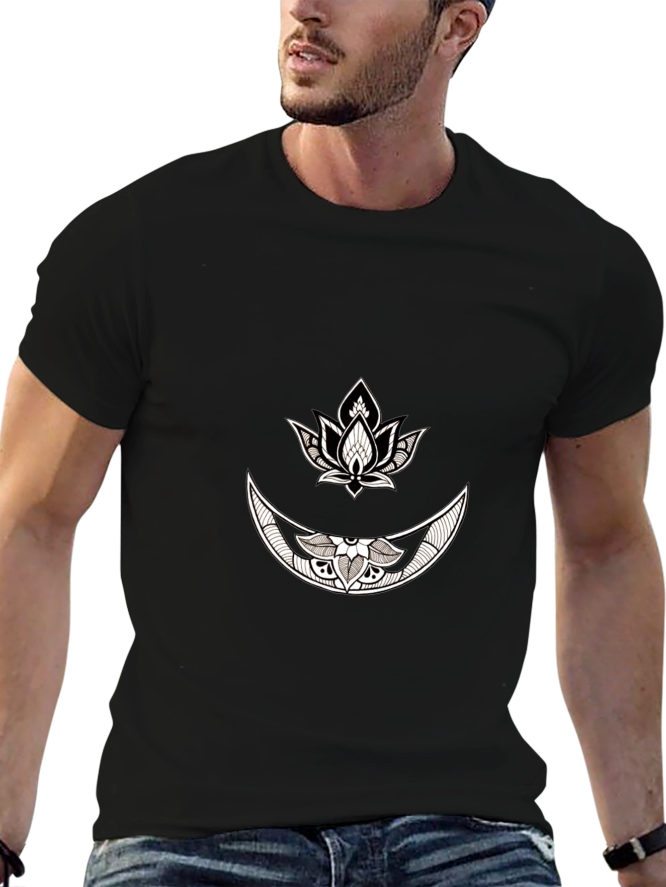 Black Black Graphic Tee with Moon & Lotus Design view 6