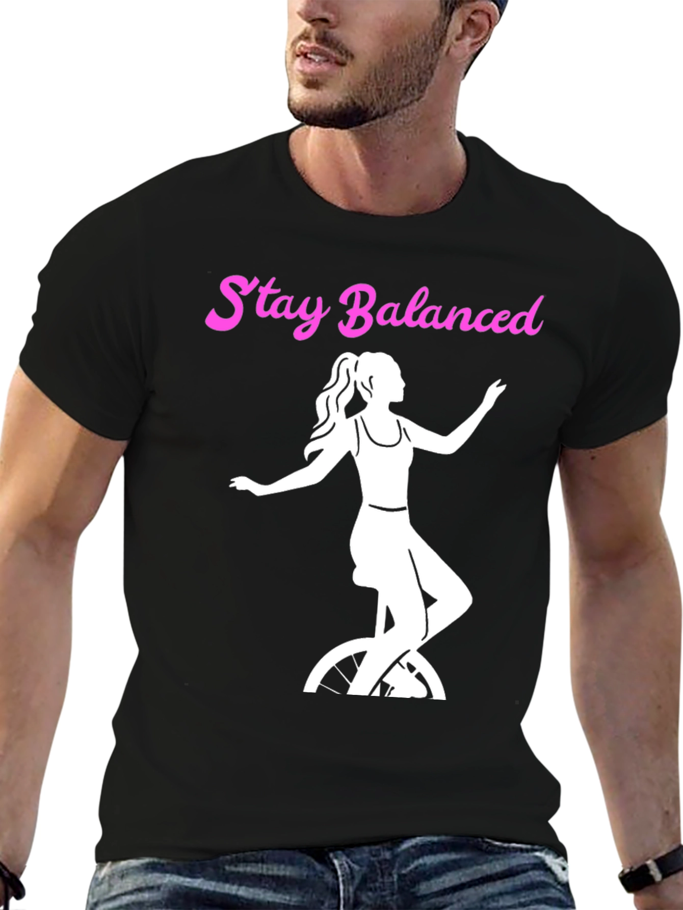 Black Stay Balanced Graphic Tee - Unicycle Design view 6