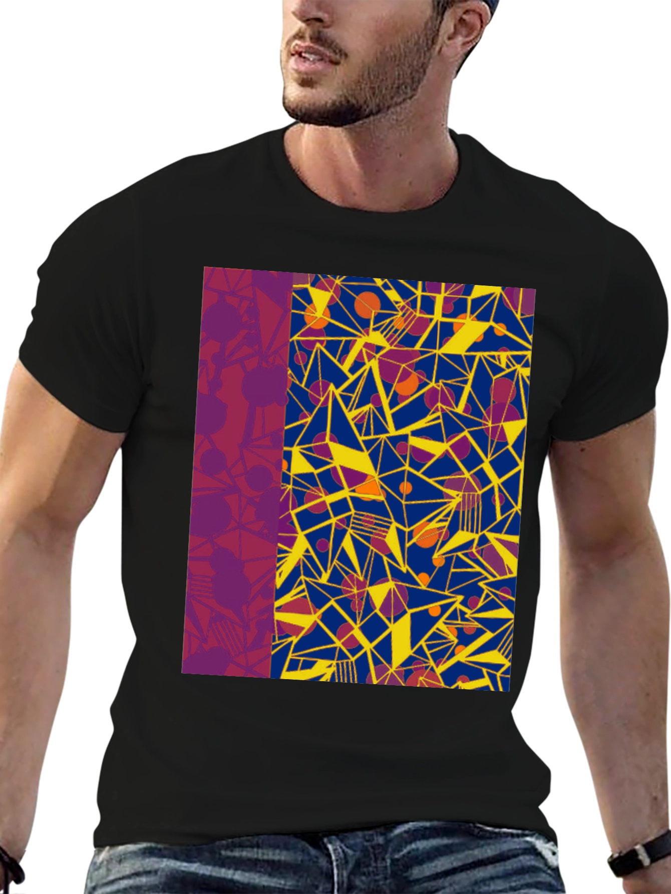 Black Abstract Geometric Print Black T-Shirt view 6