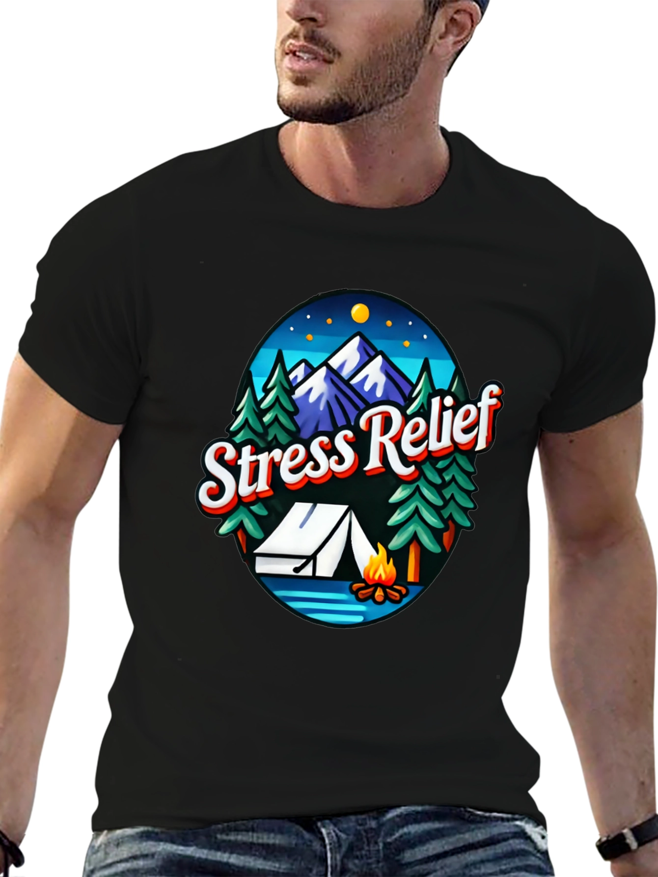 Black Stress Relief Camping Graphic T-Shirt view 6