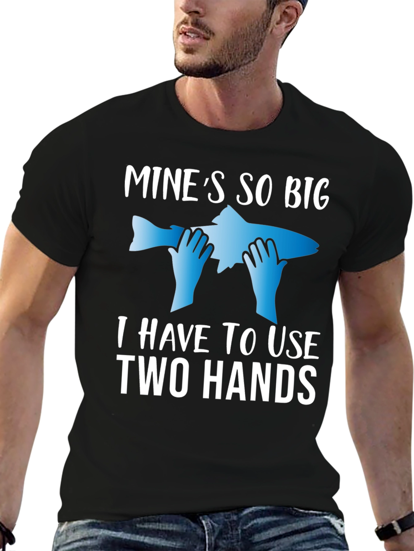 Black Funny Fishing T-Shirt: Mine's So Big - Two Hands! view 6