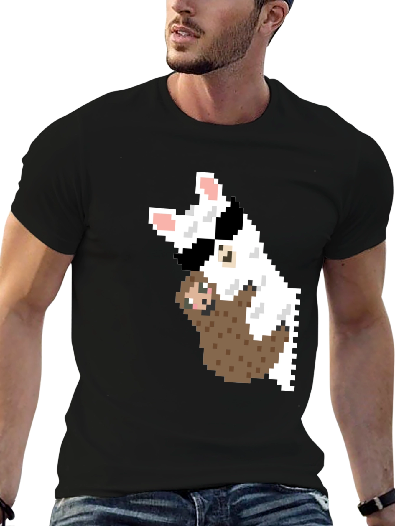Black Pixel Art Sloth & Dog Graphic T-Shirt view 6