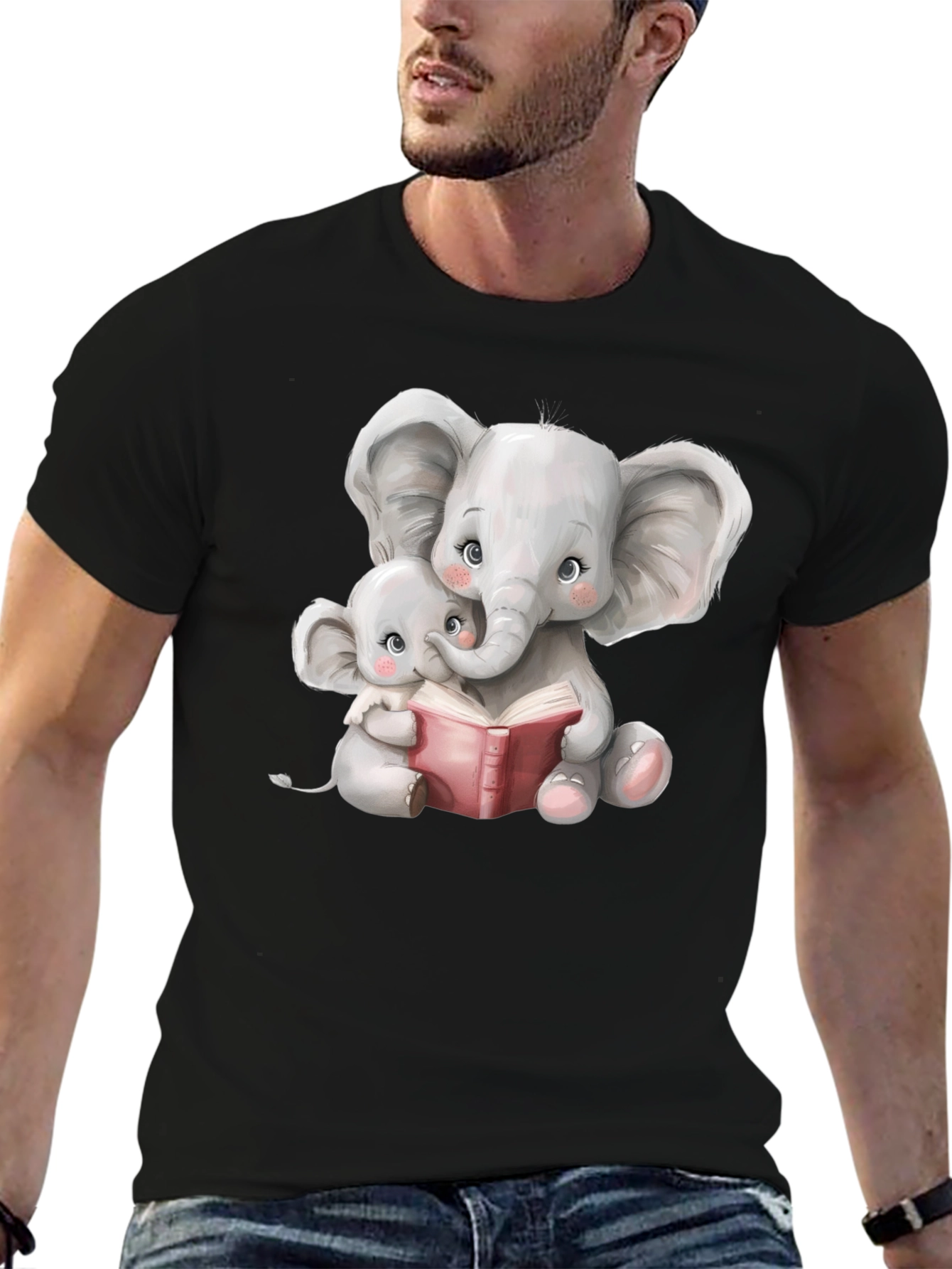 Black Elephant Mom and Baby Reading Black T-Shirt view 6