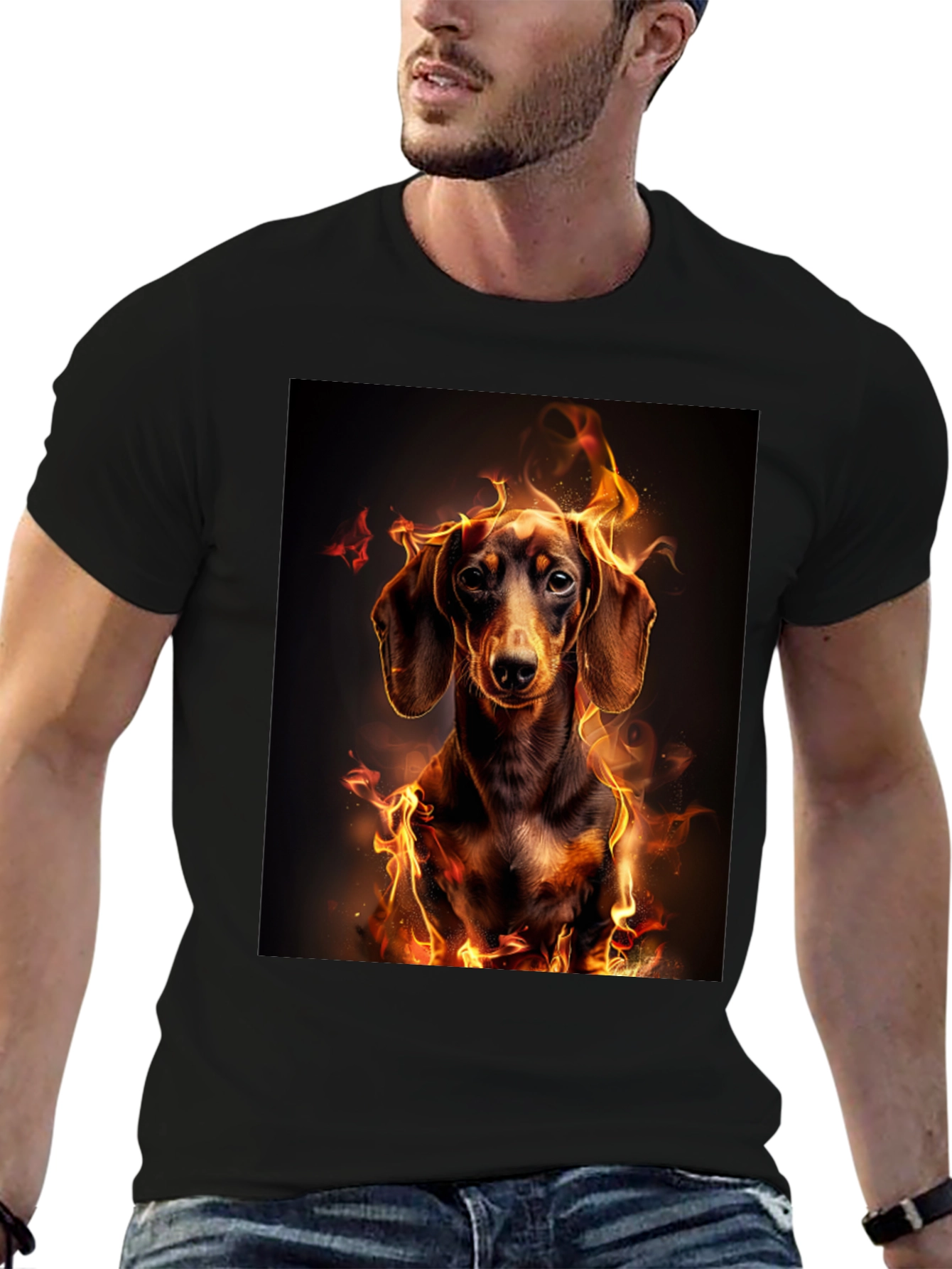 Black Fiery Dachshund Graphic Tee - Men's Black T-Shirt view 6