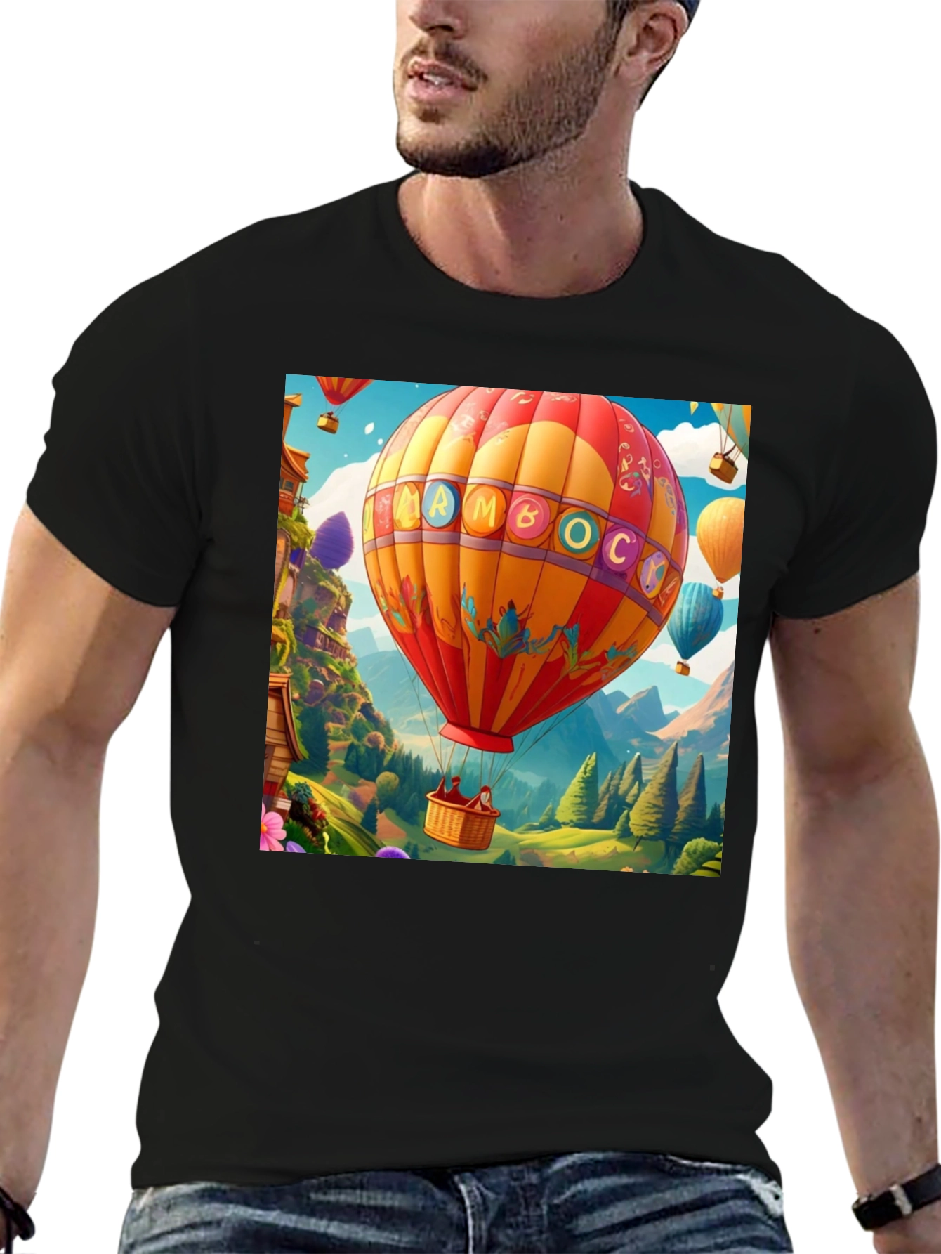 Black Cartoon Hot Air Balloon Graphic Tee view 6