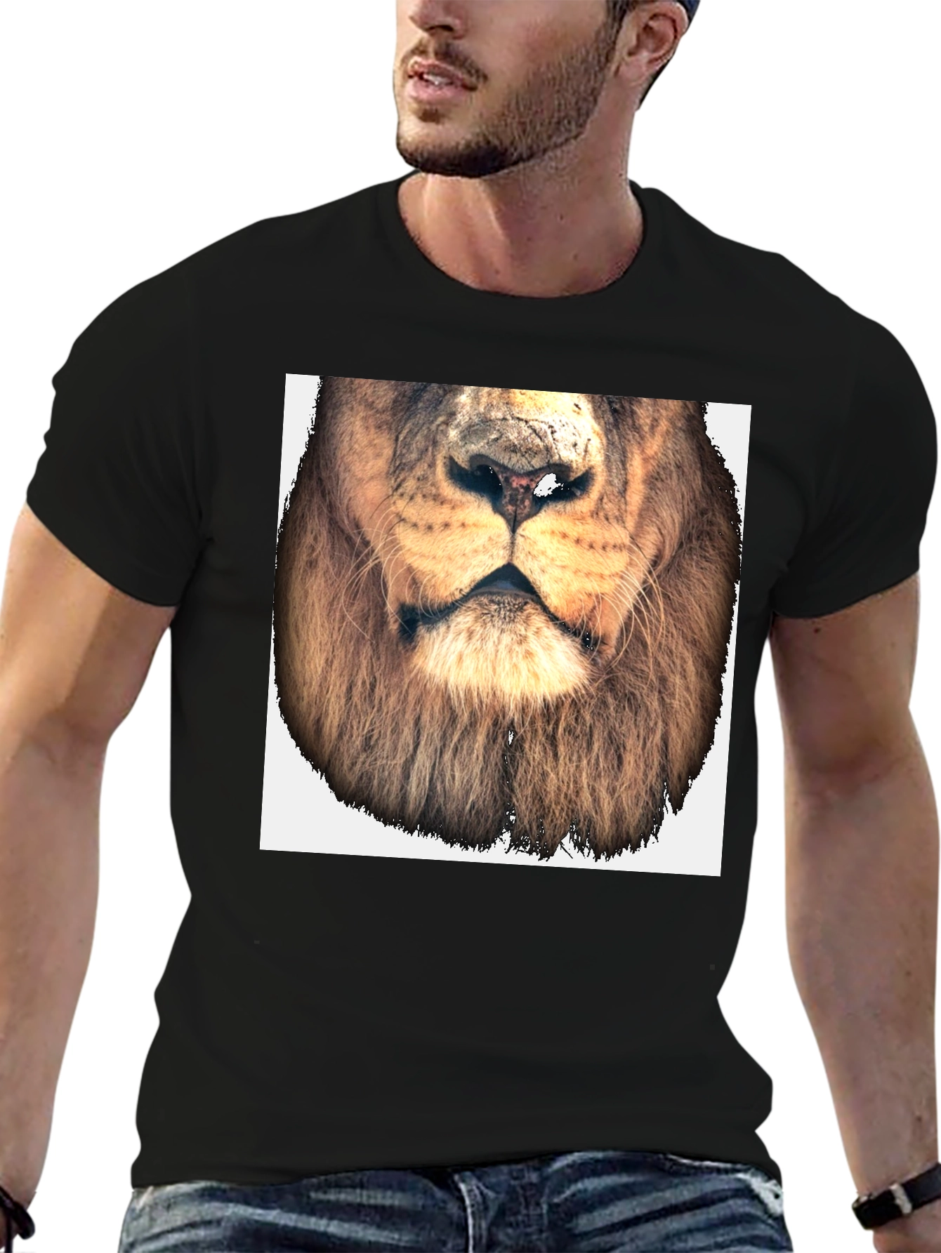 Black Lion Face Graphic Tee - Black Cotton T-Shirt view 6