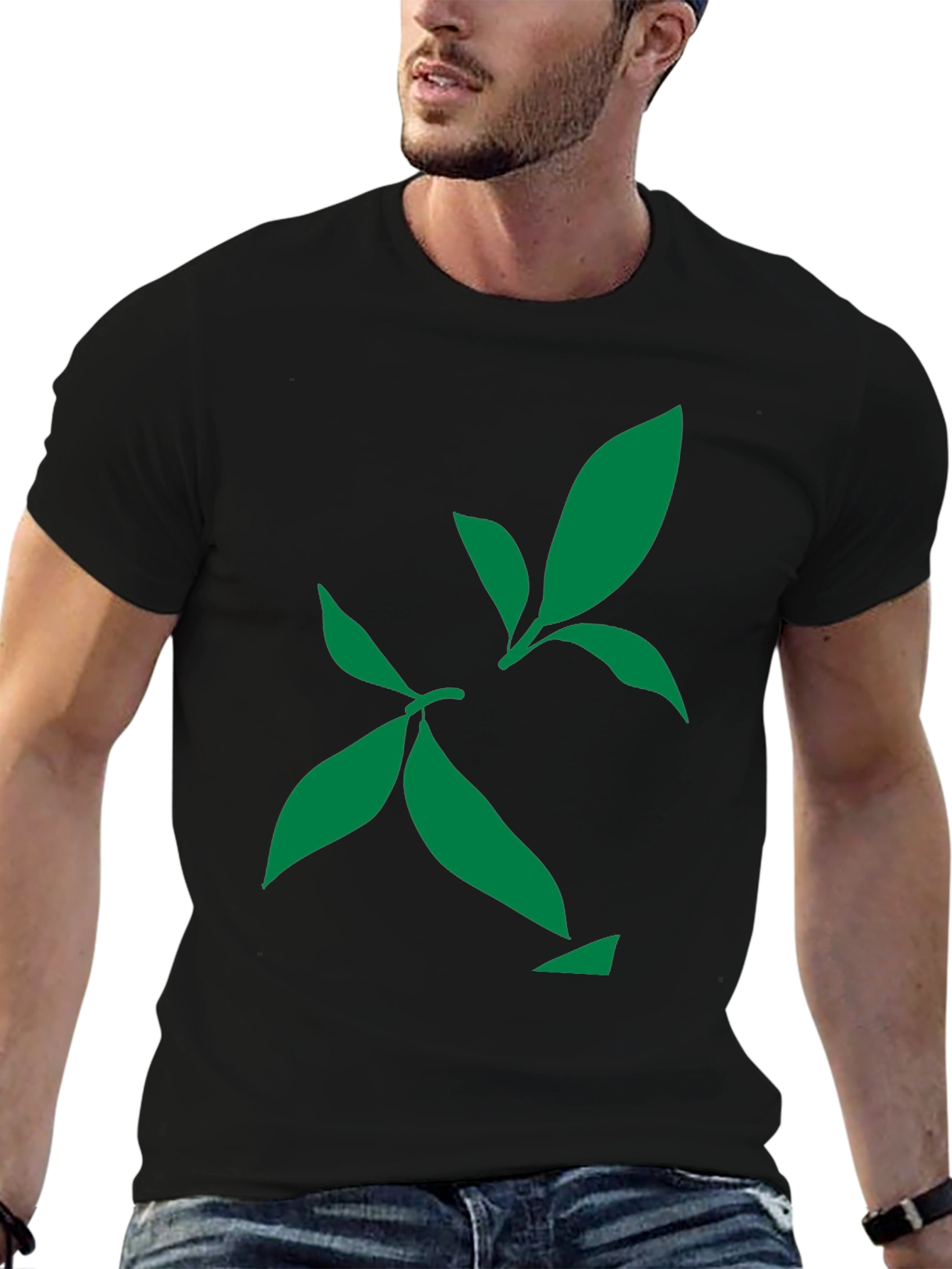 Black Green Leaf Design Black T-Shirt view 6