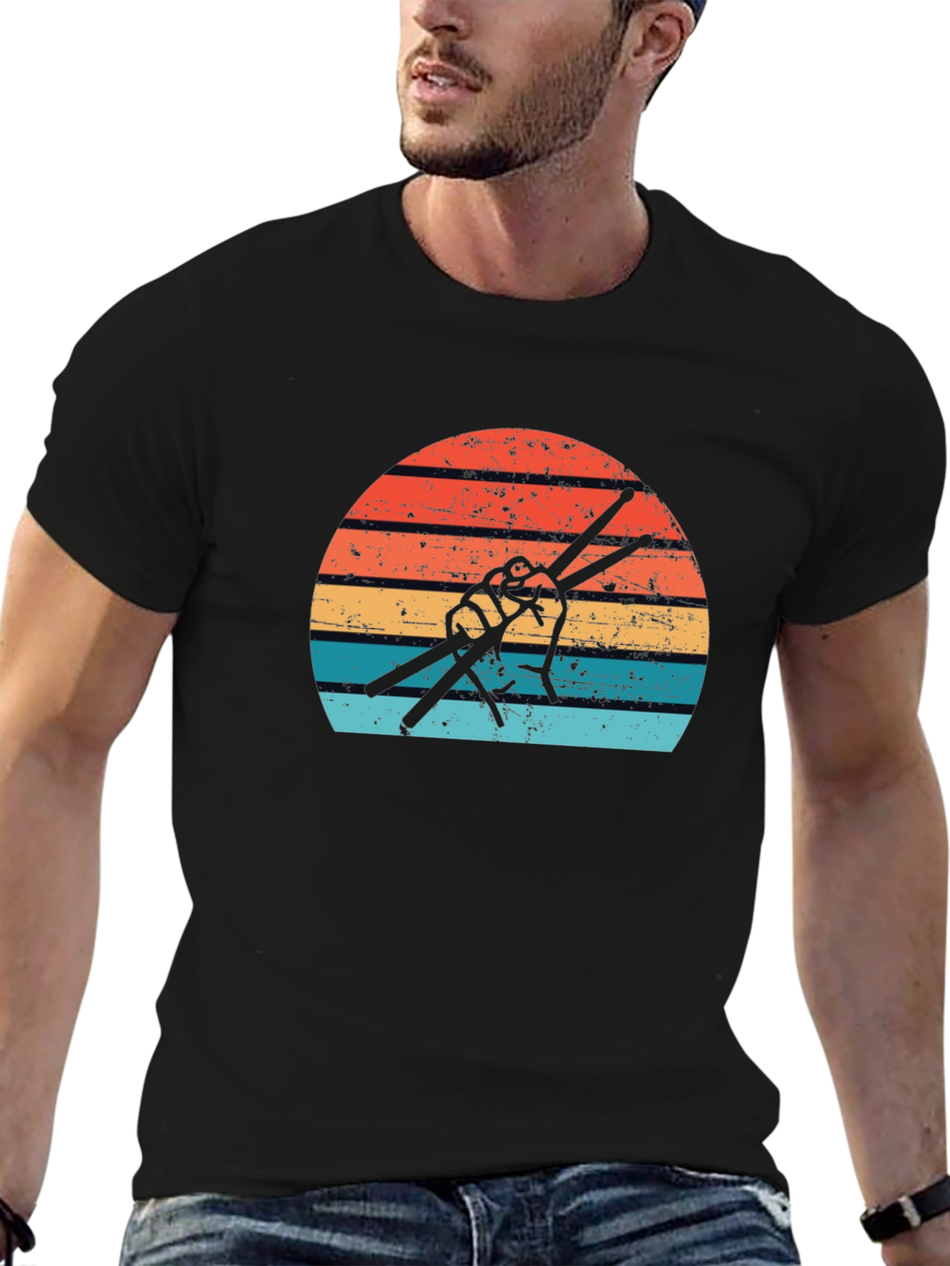 Black Retro Drummer T-Shirt - Vintage Drum Sticks Sunset Design view 6