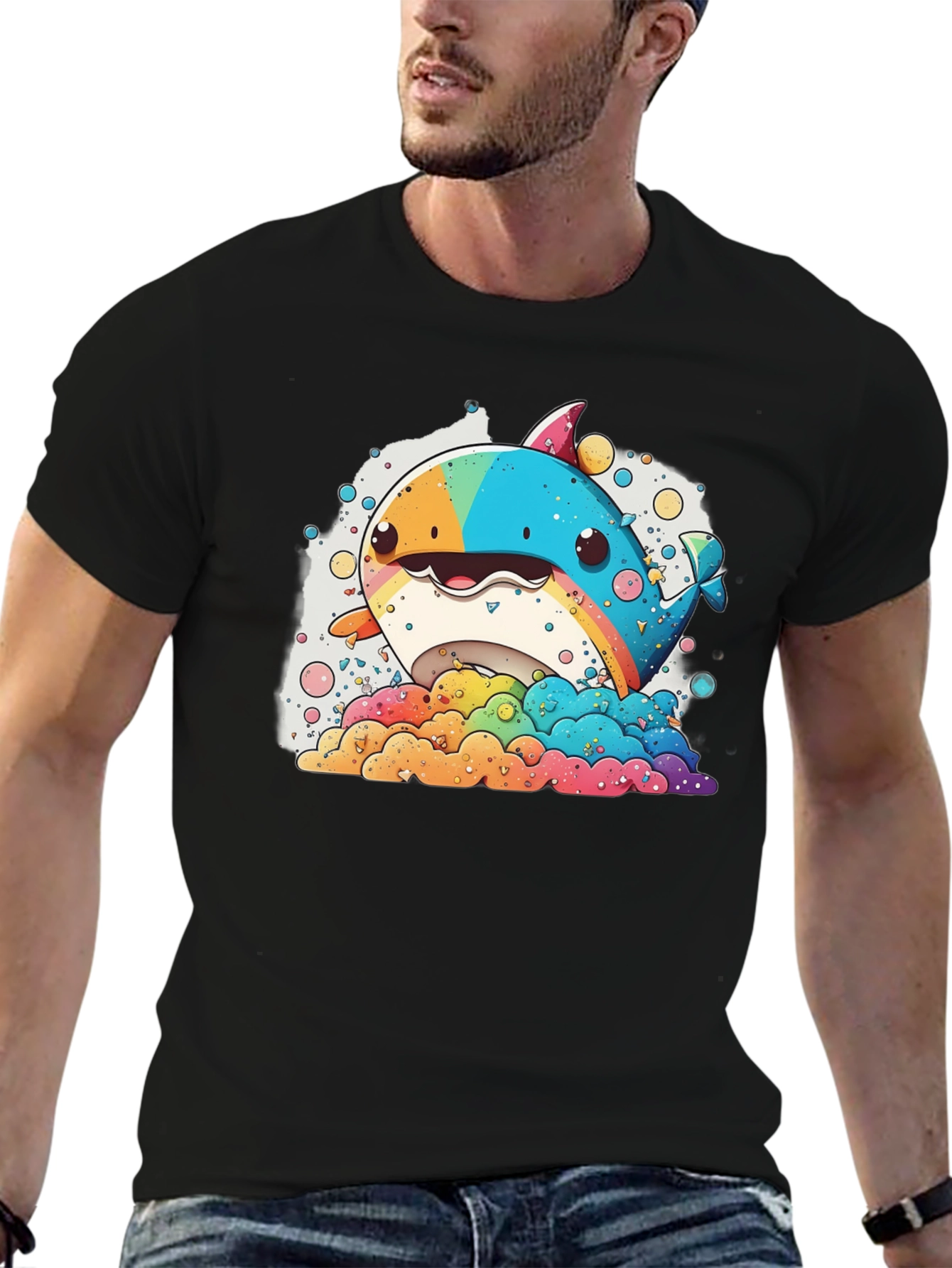 Black Rainbow Whale Graphic Tee - Fun & Colorful Design view 6