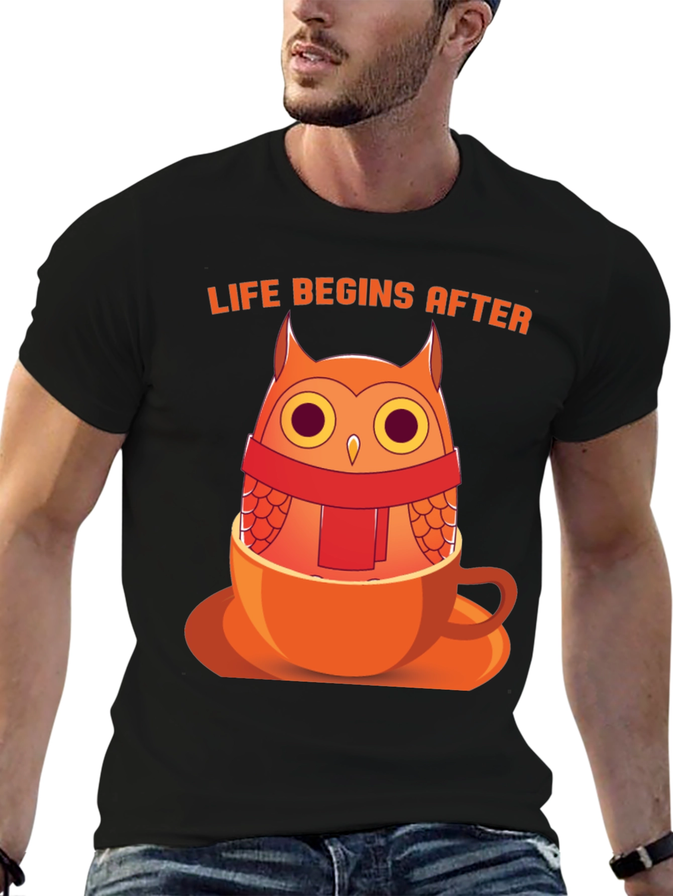 Black Owl in a Cup T-Shirt - "Life Begins After" Design view 6