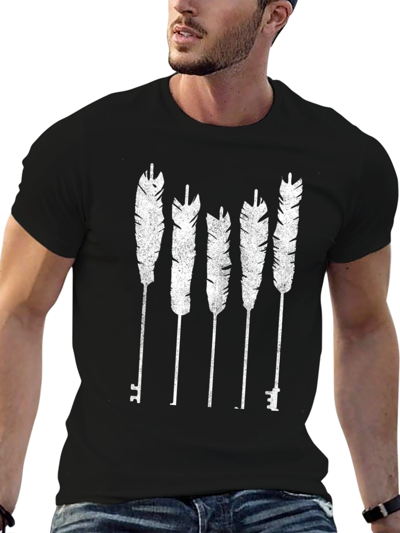 Black Feather Key Graphic Tee - Black Cotton Blend view 6